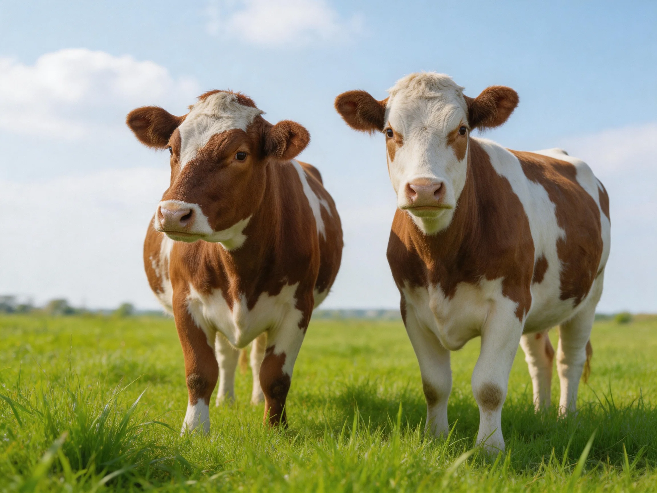 Two brown and white cows stand in a sunlit green field.
