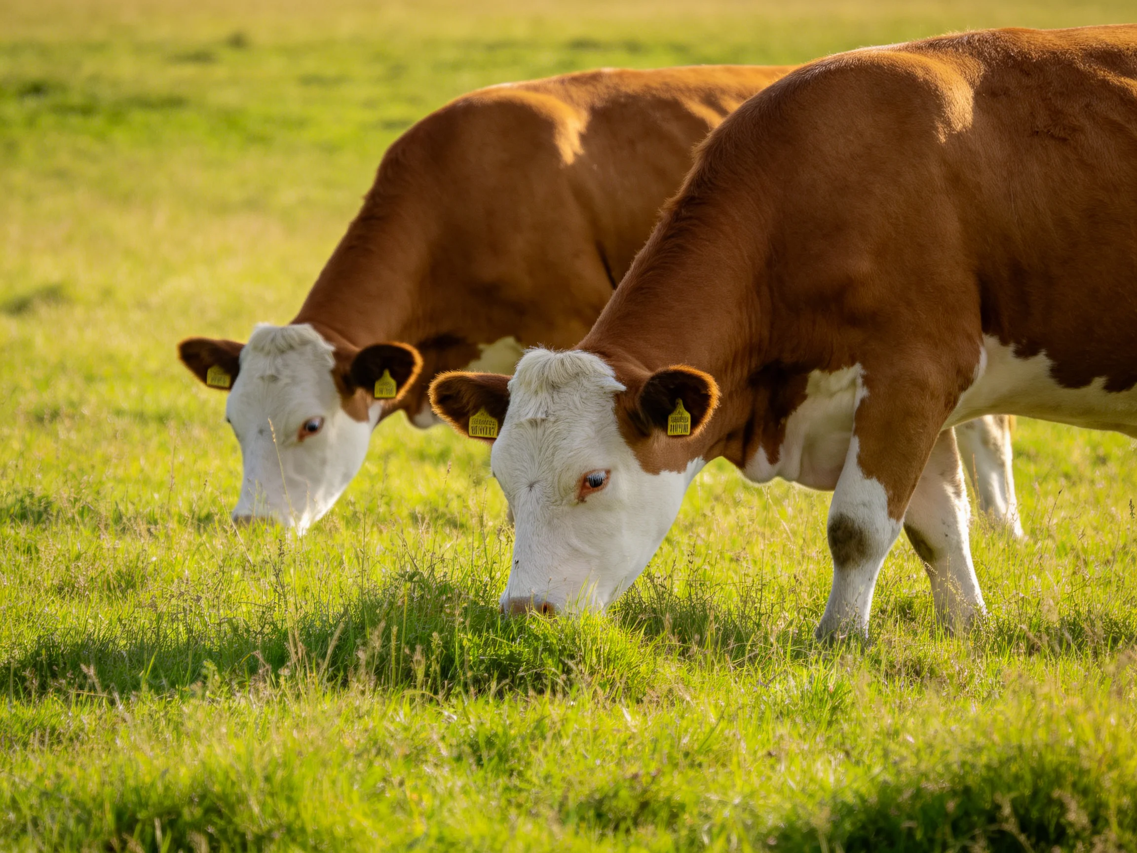 A pair of brown and white cows graze peacefully in a sunlit field.