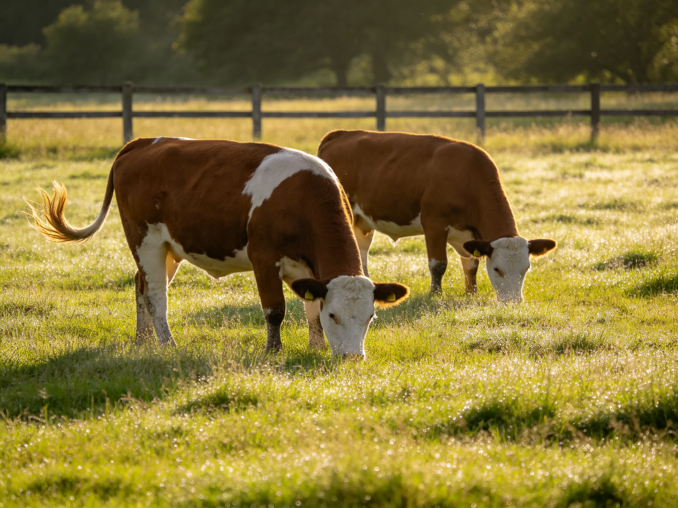 Two brown-and-white cows graze in a sunlit pasture.