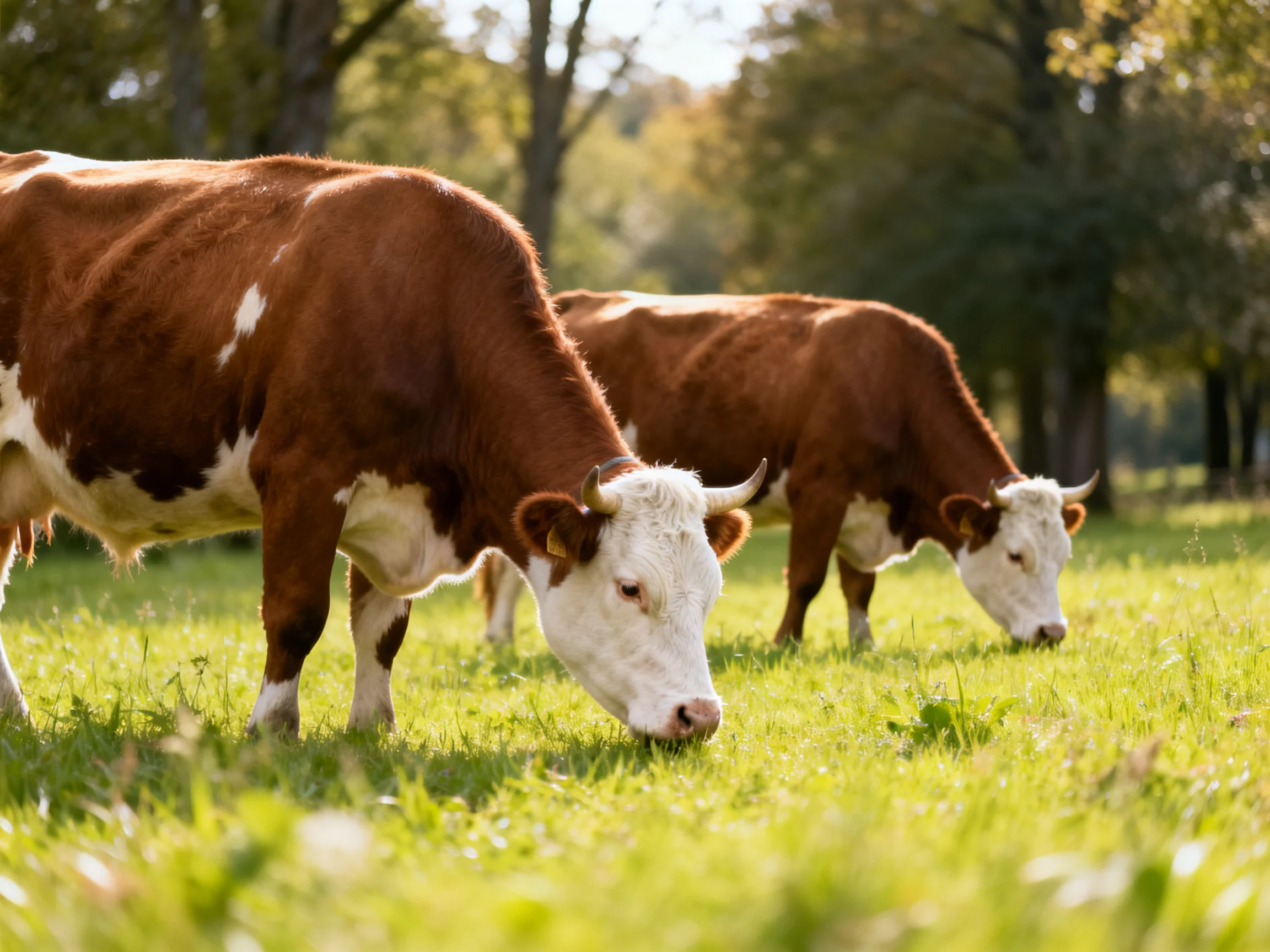Two brown-and-white cows graze in a sunlit green pasture near trees