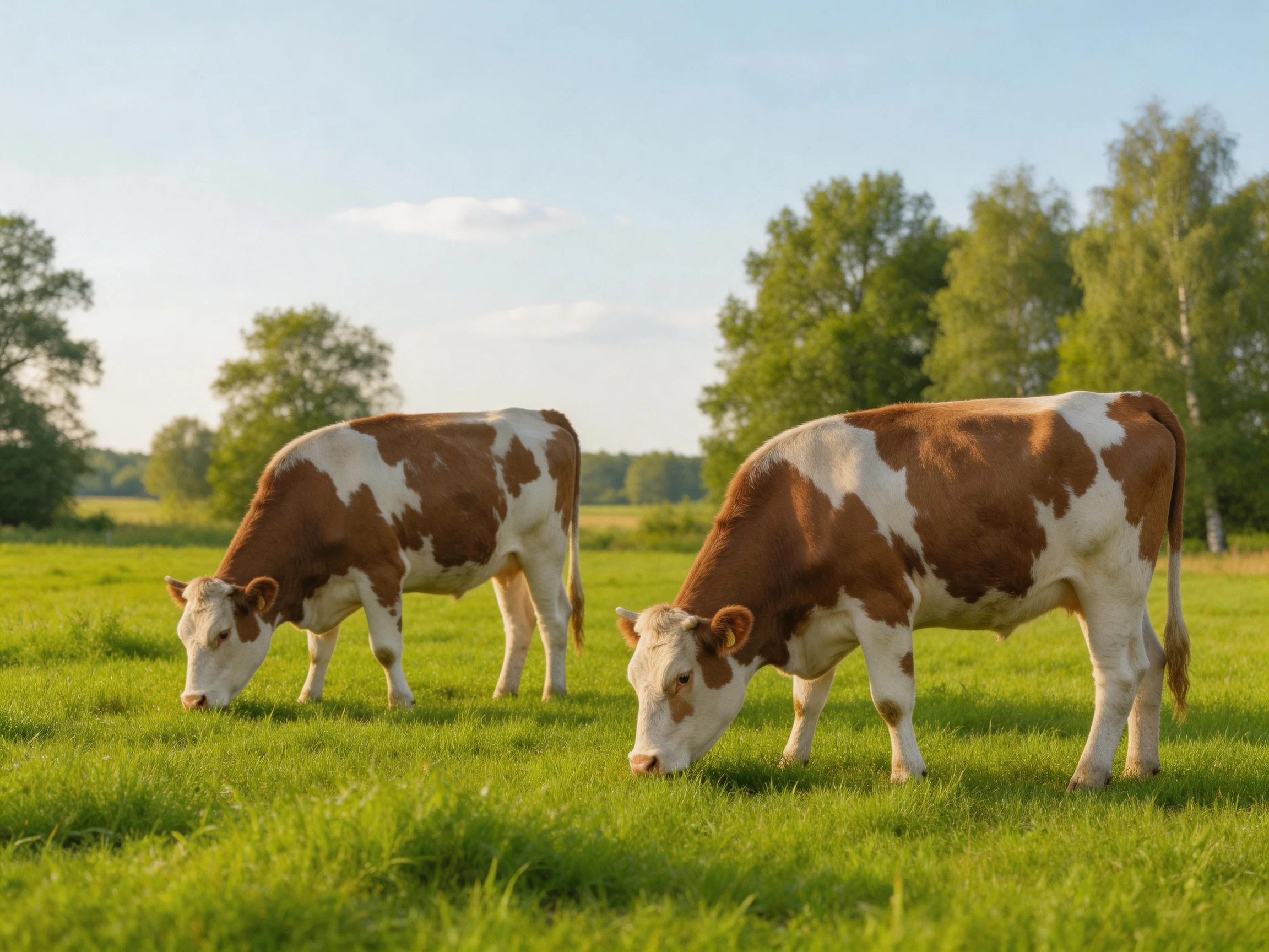 Two brown-and-white cows graze in a sunlit green pasture near trees