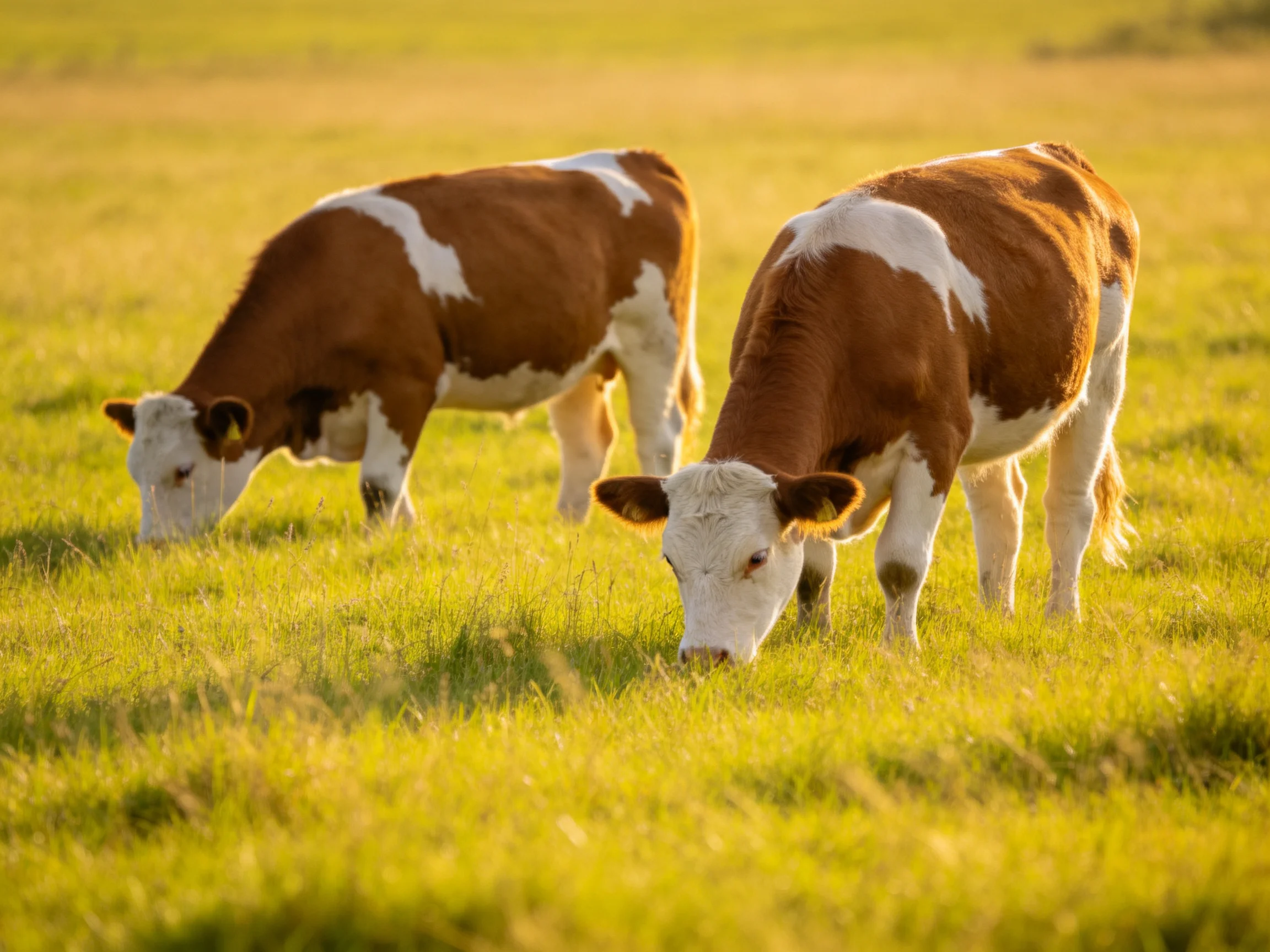Two brown and white cows graze in a sunlit meadow