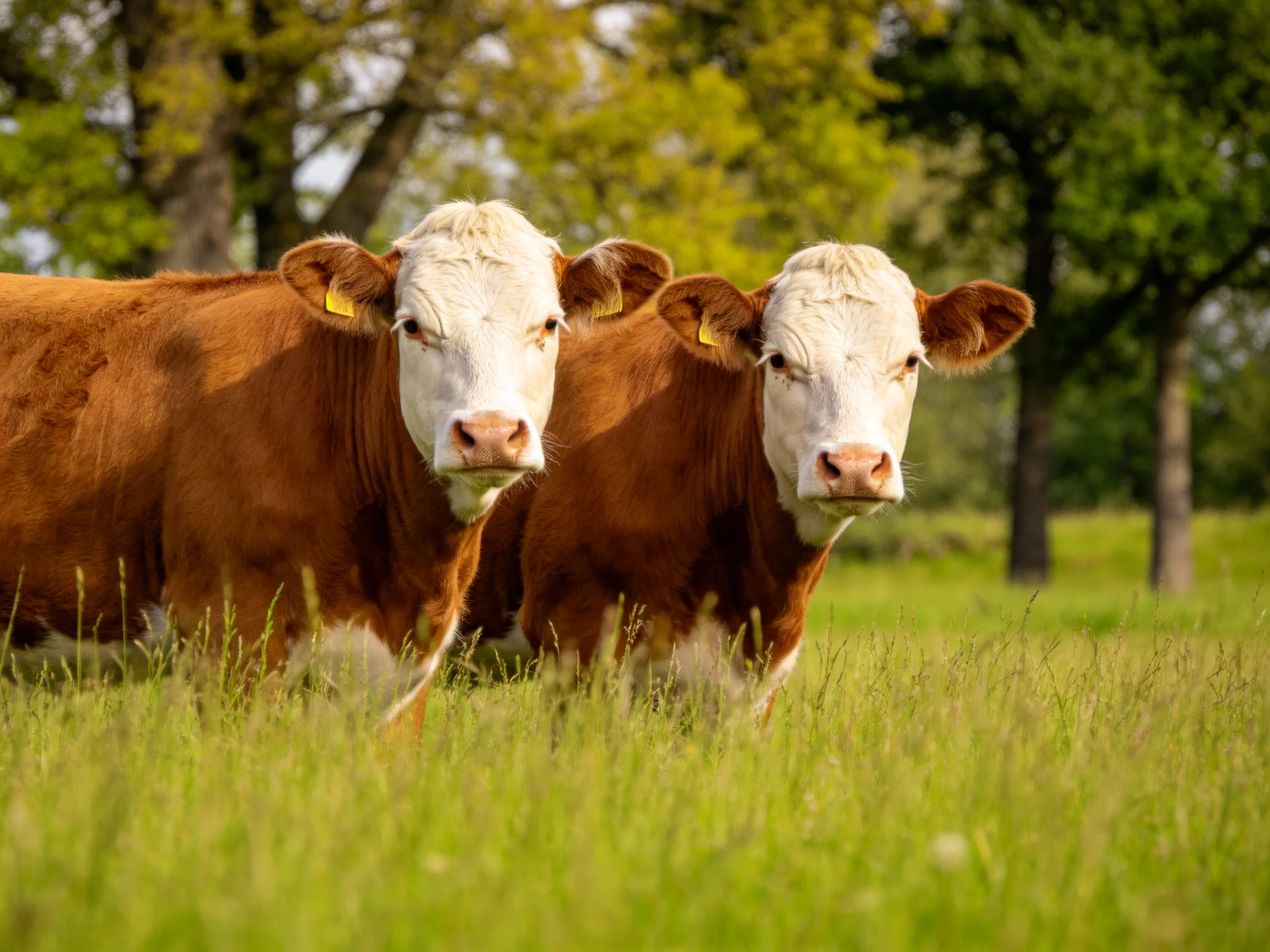 Two brown-and-white cows stand in a sunlit green pasture near trees