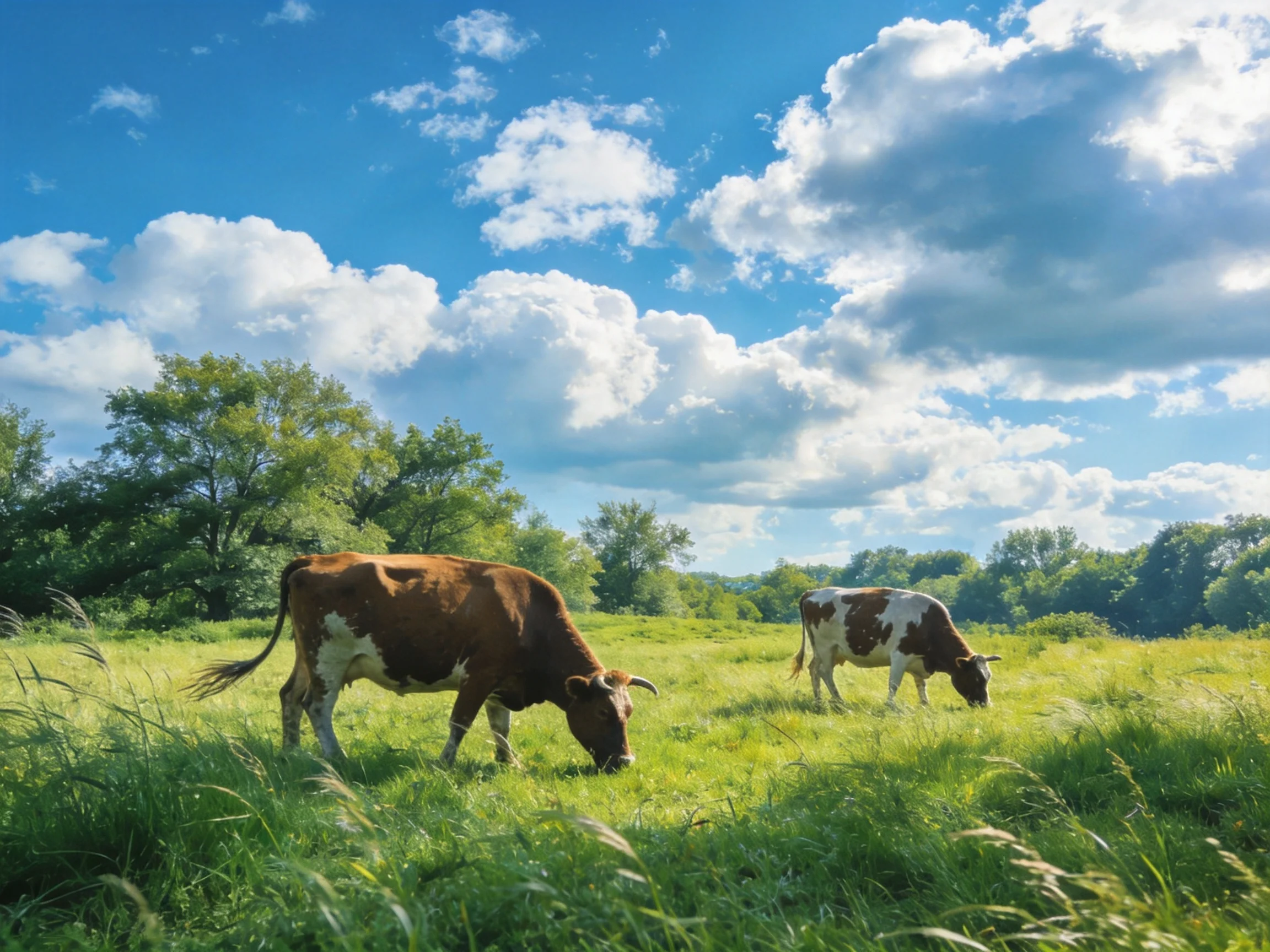 Two brown-and-white cows graze in a sunlit meadow beneath bright blue skies