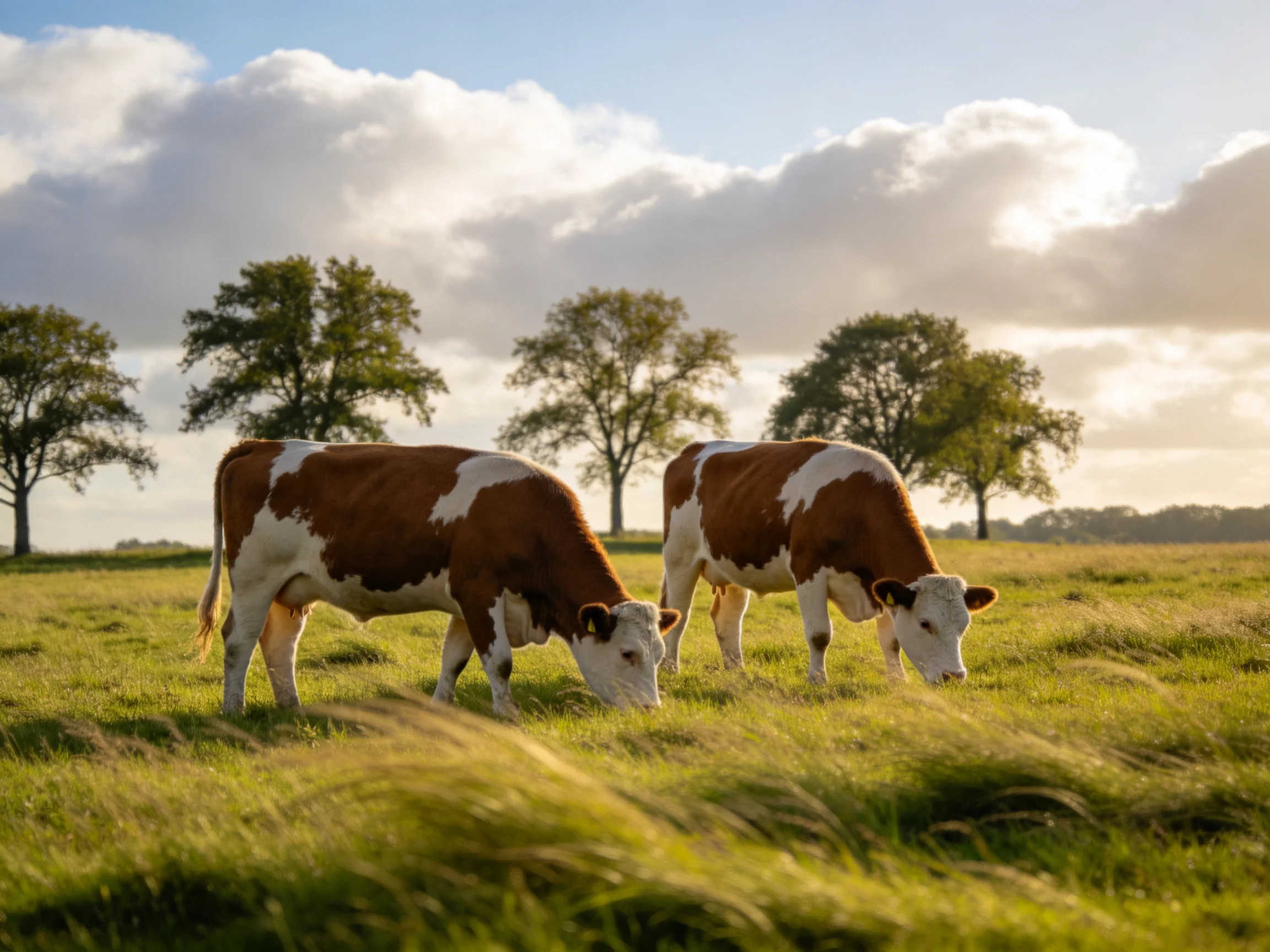 Two brown-and-white cows graze in a sunlit meadow with trees in the background.