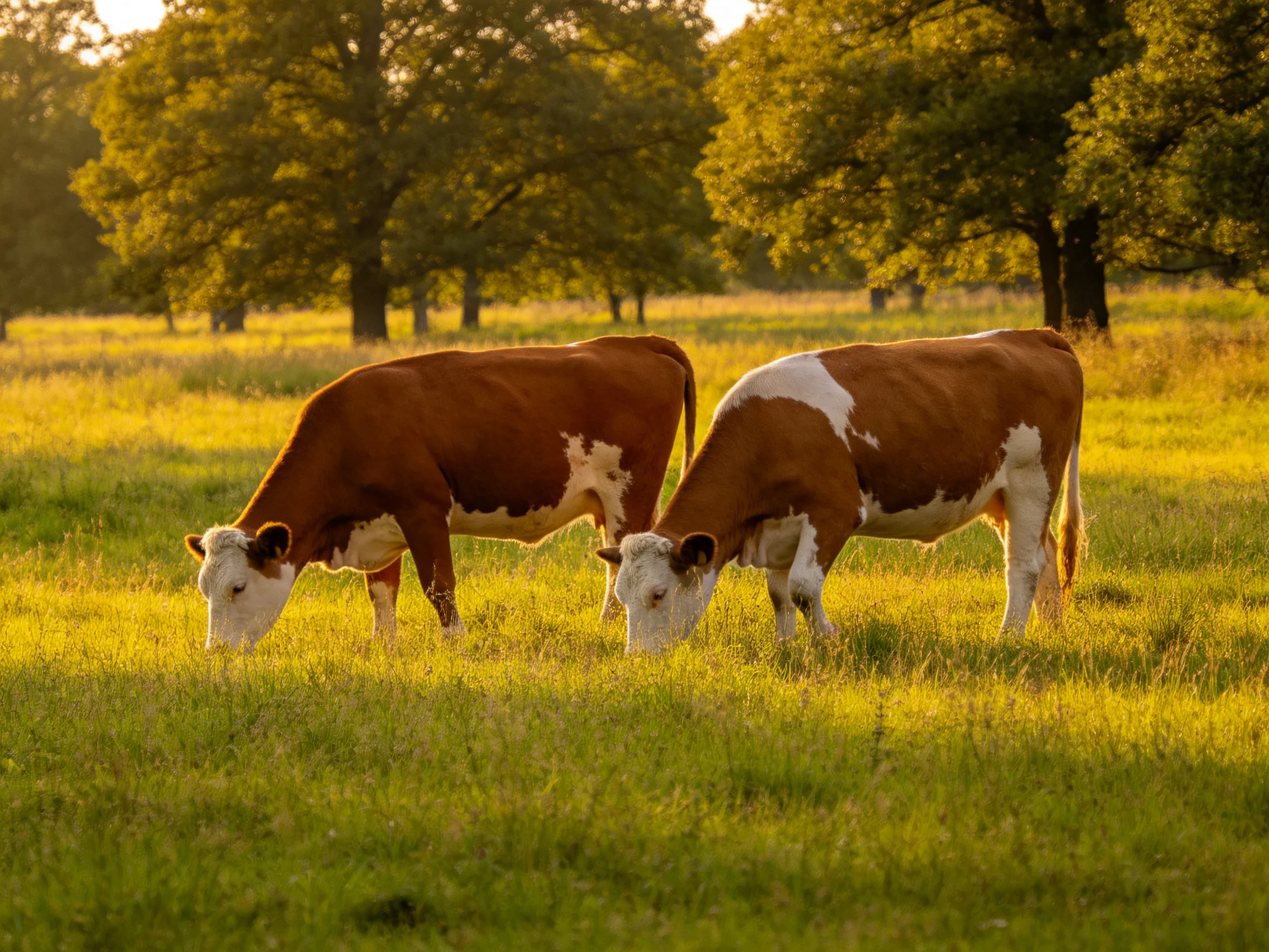 Two brown-and-white cows graze in a sunlit meadow with trees in the background
