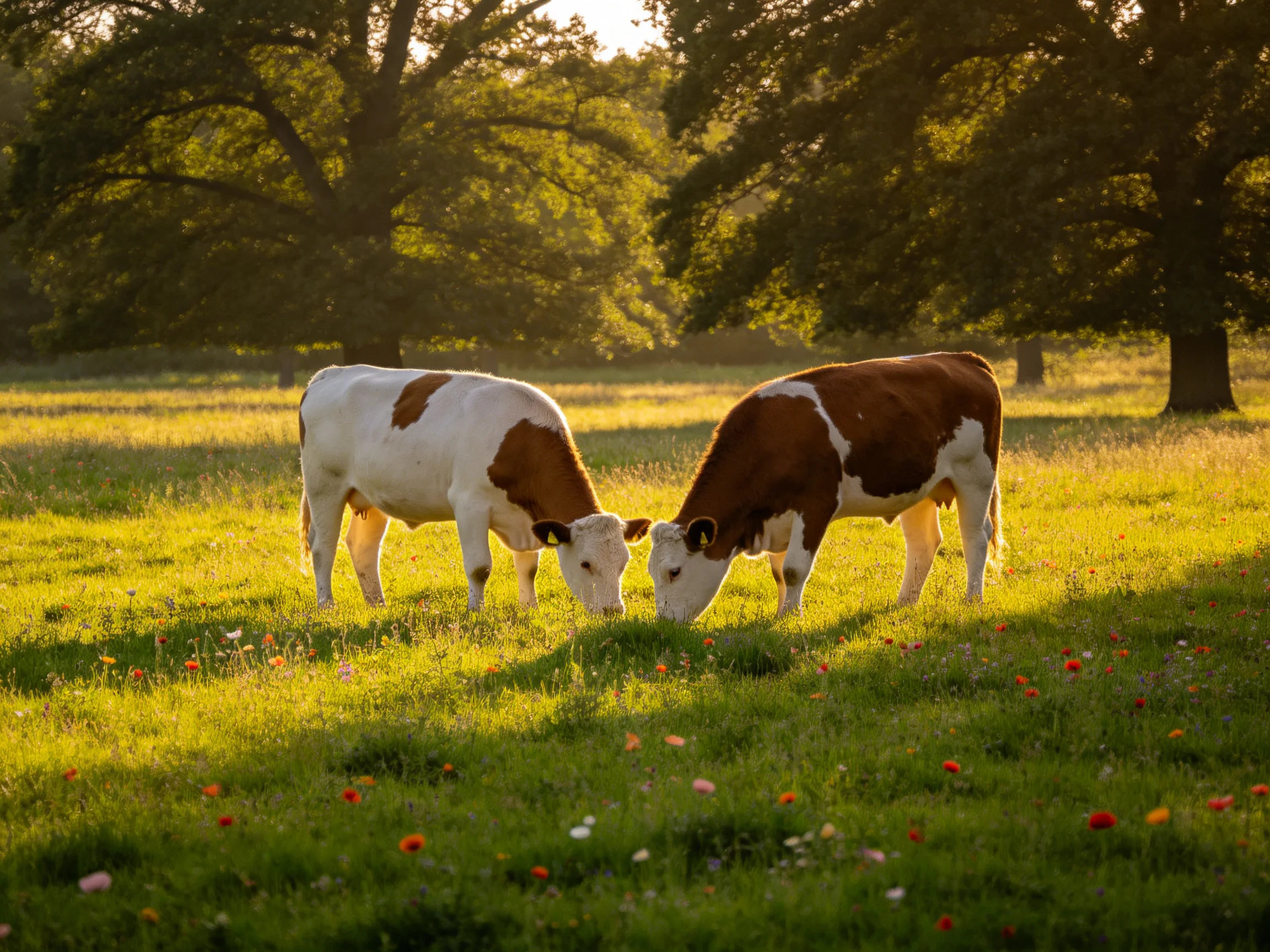 Two brown-and-white cows graze in a sunlit meadow with wildflowers