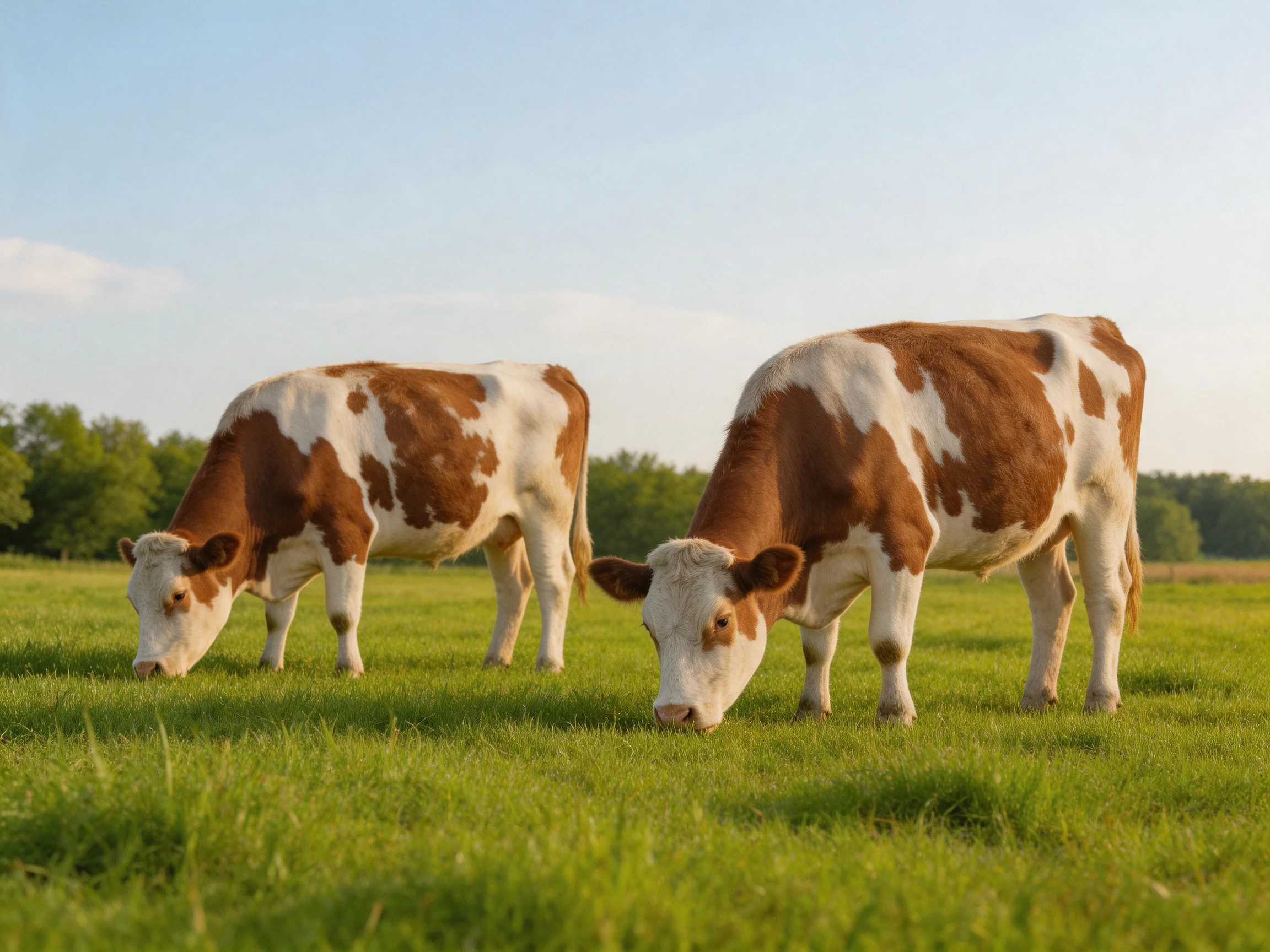 Two brown-and-white cows graze in a sunny green pasture