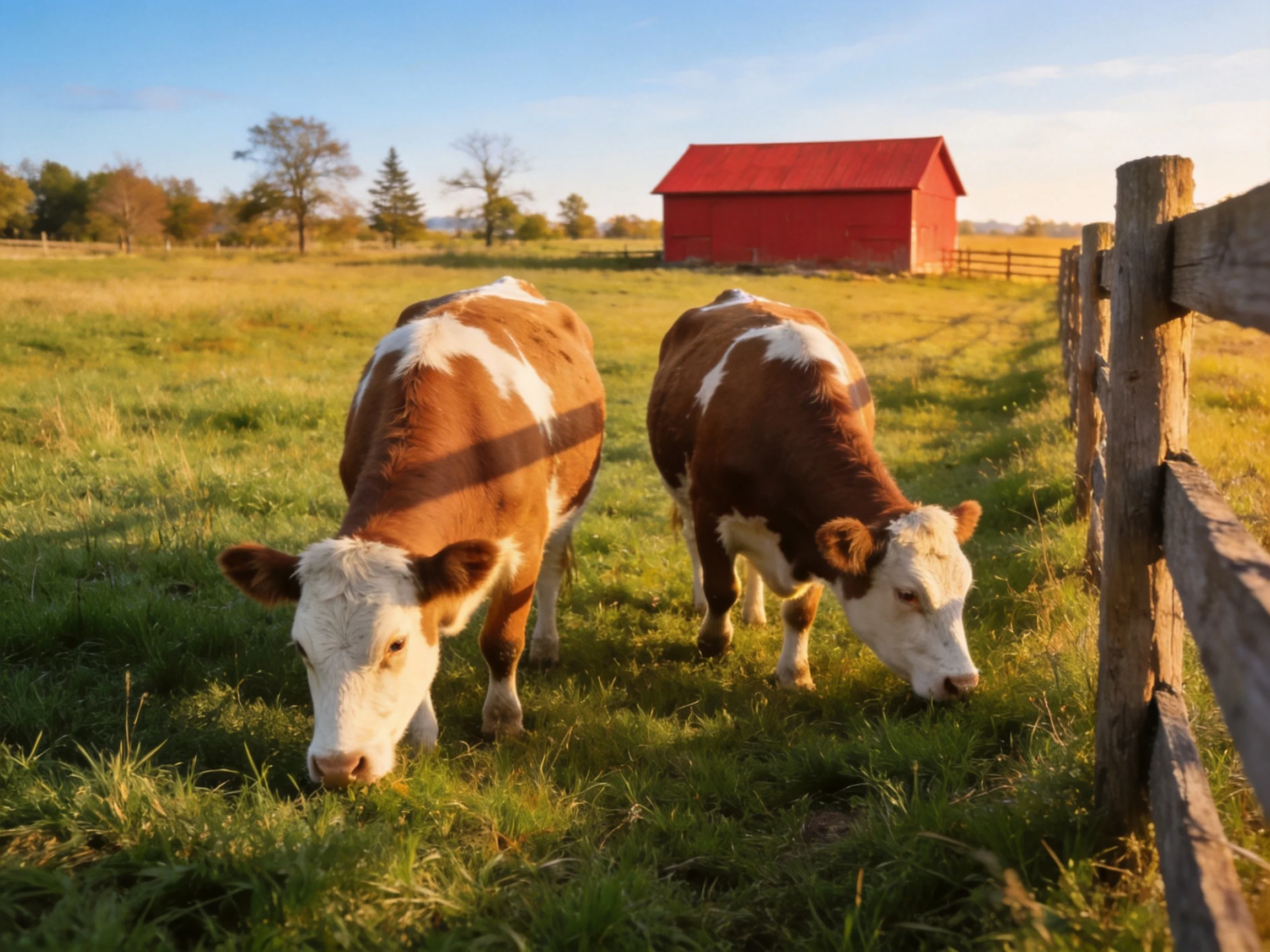 Two brown-and-white cows graze near a wooden fence with a red barn
