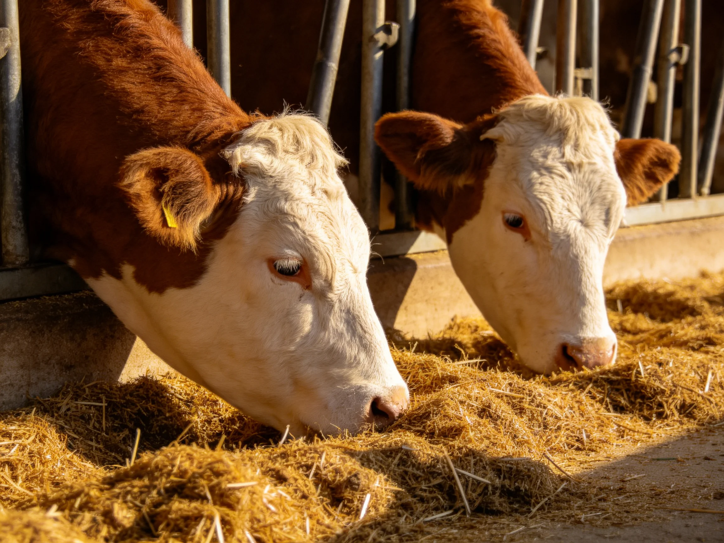 Two brown-and-white cows graze on golden hay near metal farm enclosures