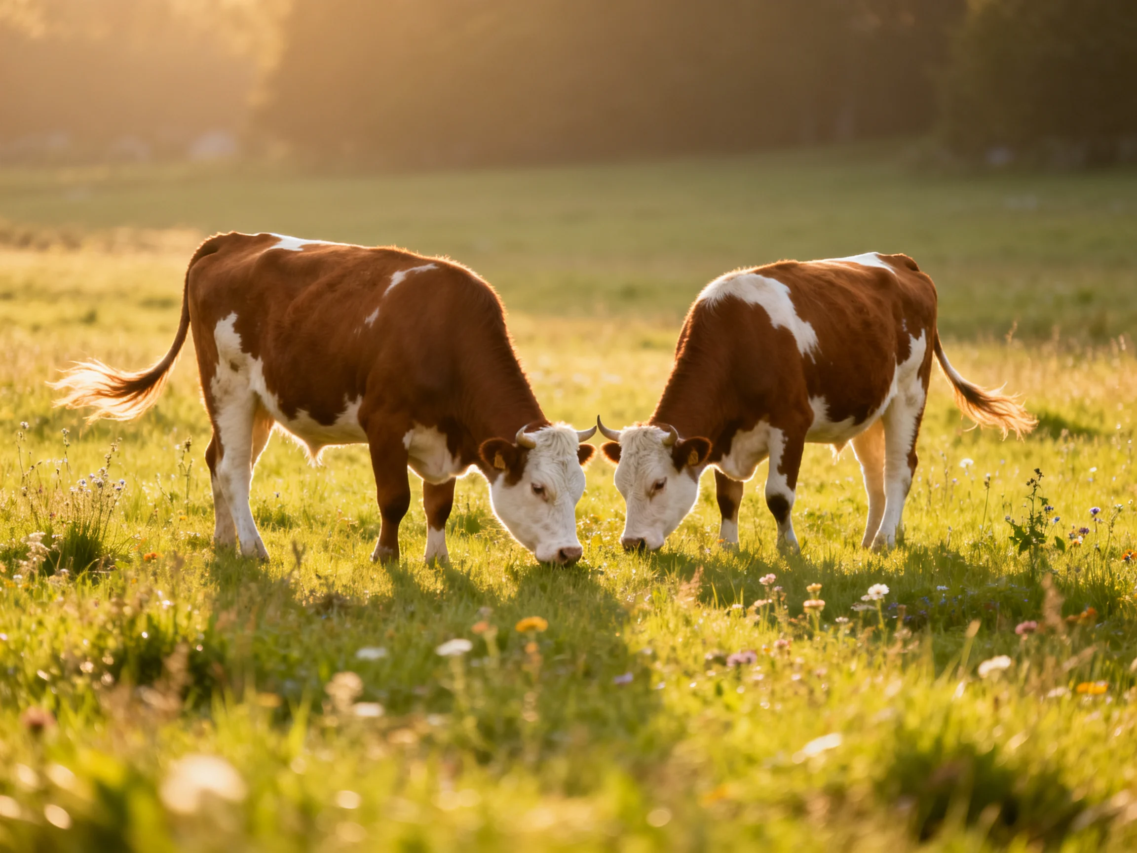 Two brown and white cows graze together in a sunlit meadow