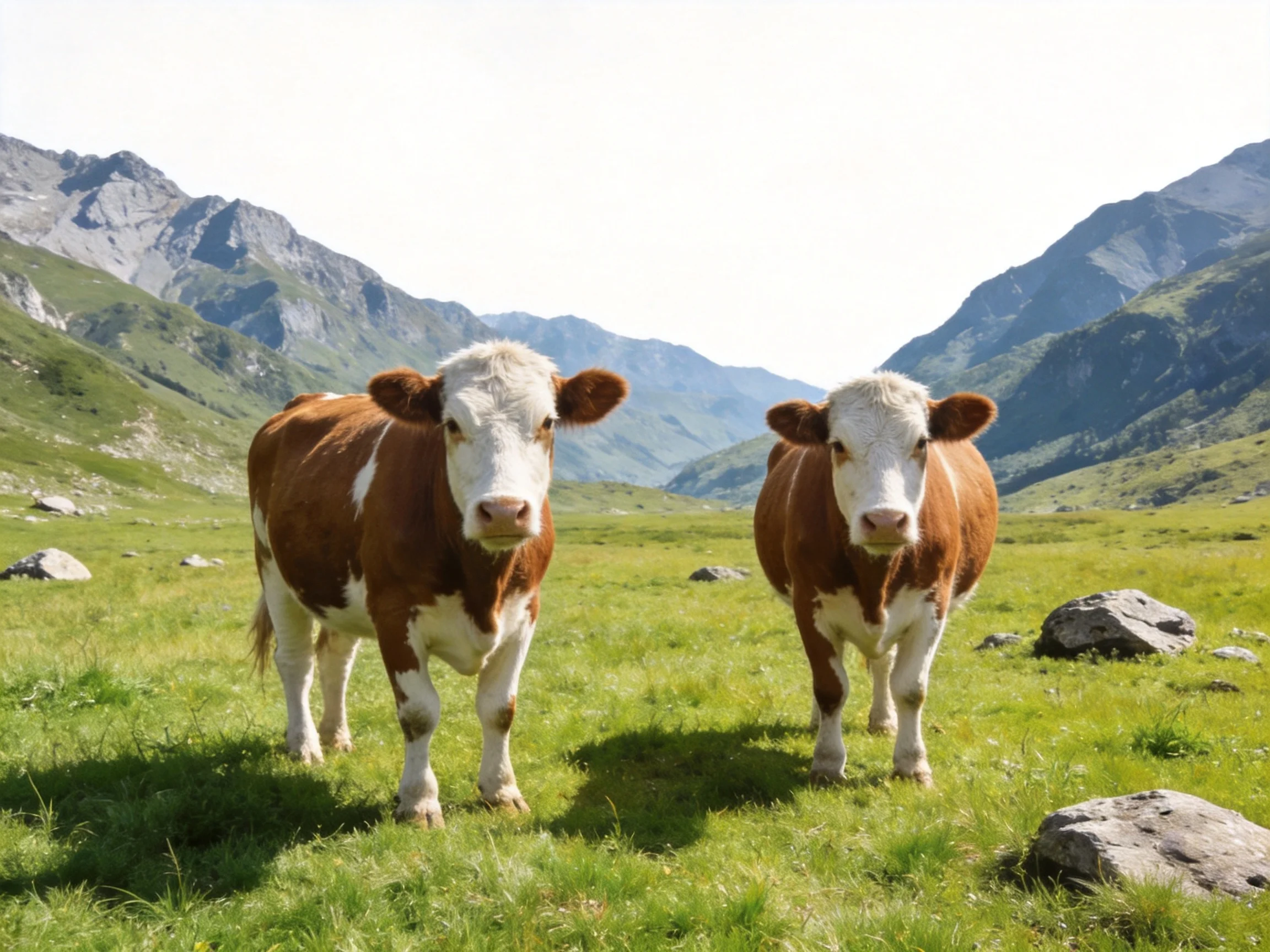 Two cows stand in a sunlit mountain meadow near rocky terrain.