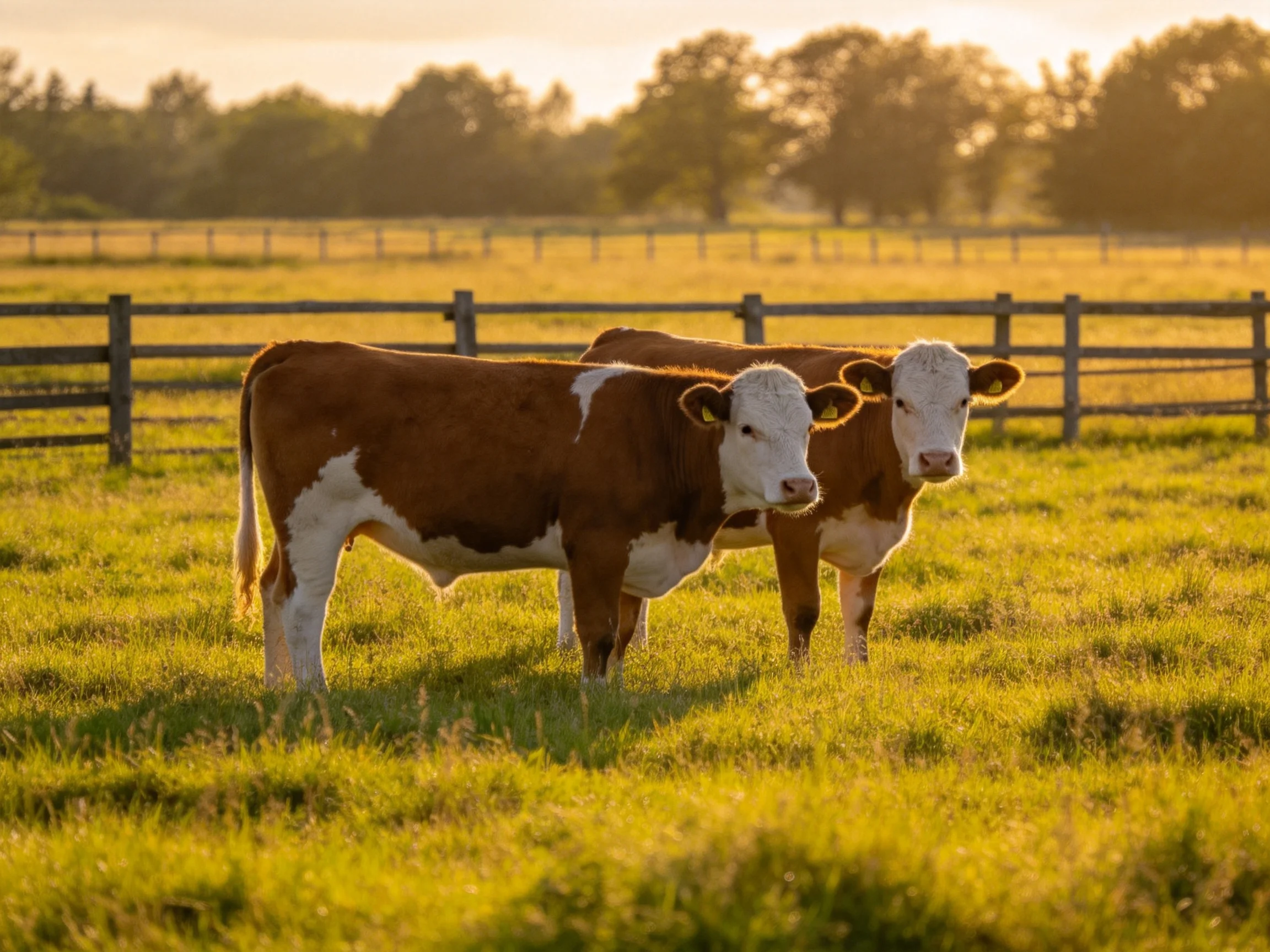 Two brown and white cows in a sunlit fenced pasture