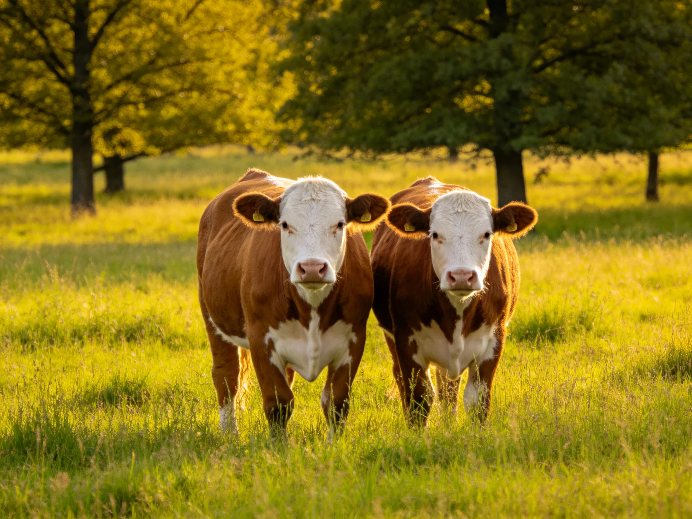 Two brown-and-white cows in a sunlit grassy meadow with trees
