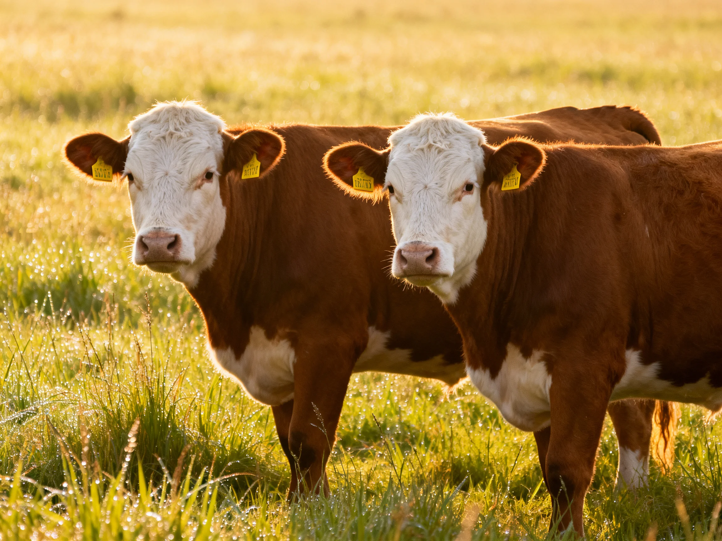 Two brown and white cows in a sunlit green pasture