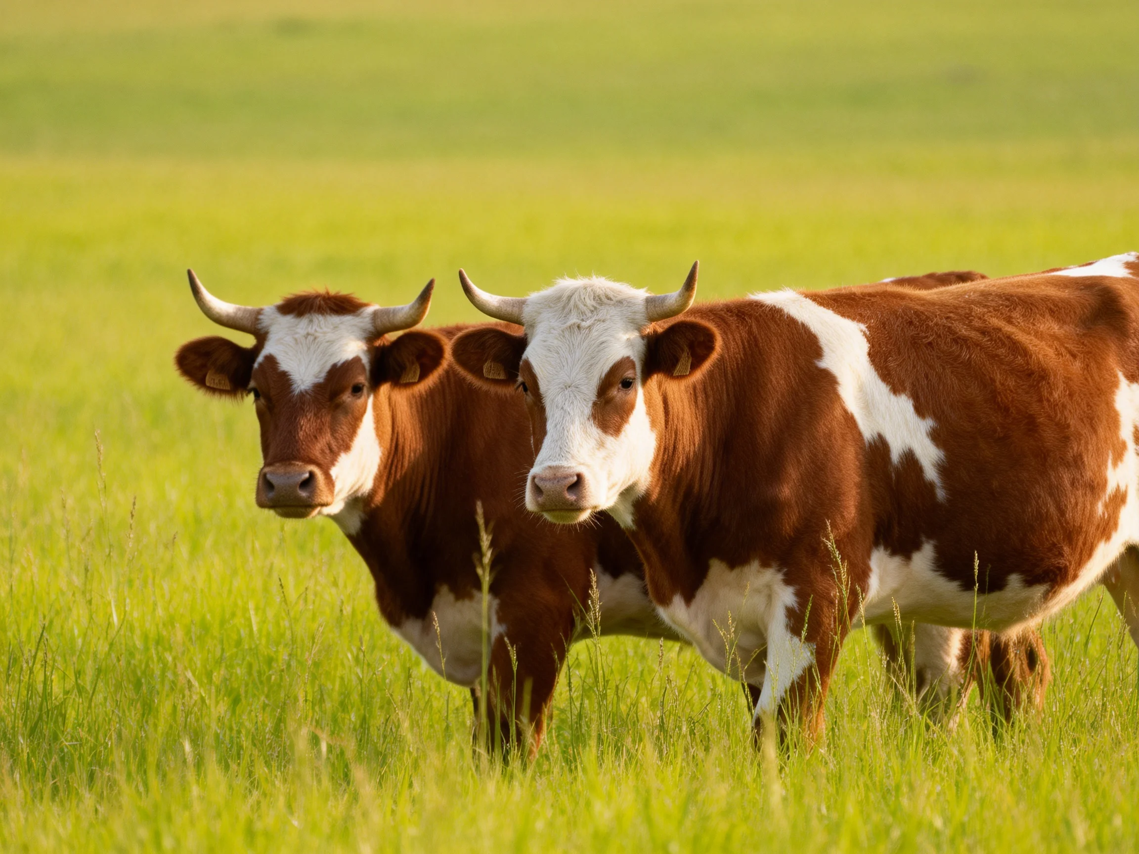 Two brown and white cows in a sunlit green pasture