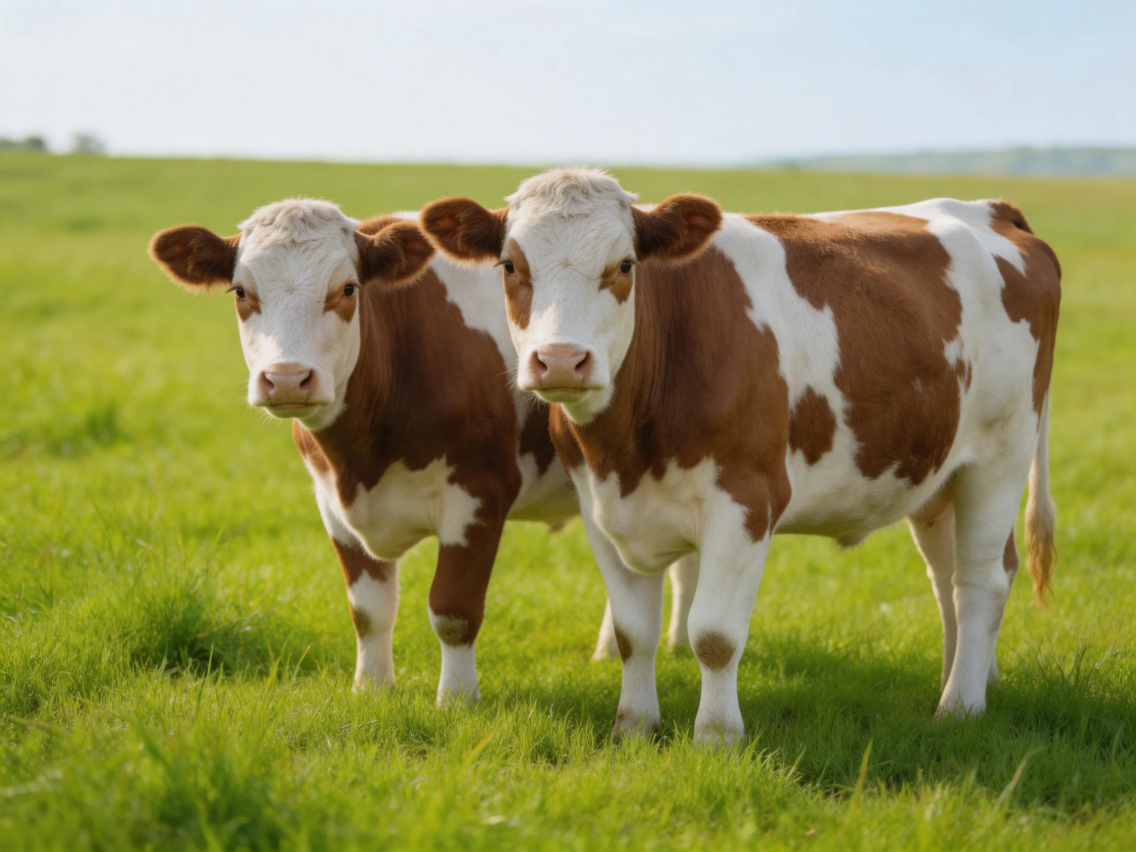 Two brown and white cows in a sunlit green pasture