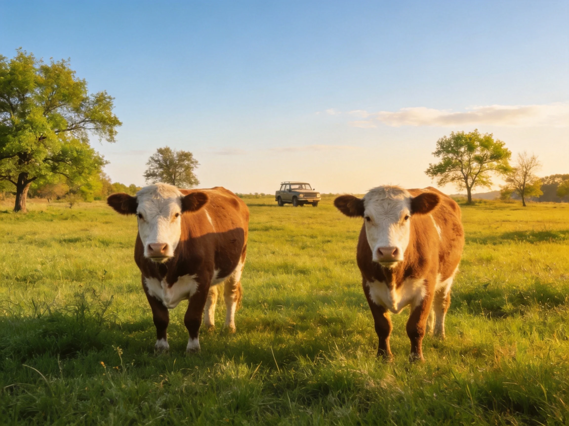 Two brown-and-white cows in a sunlit green pasture with trees and a vehicle