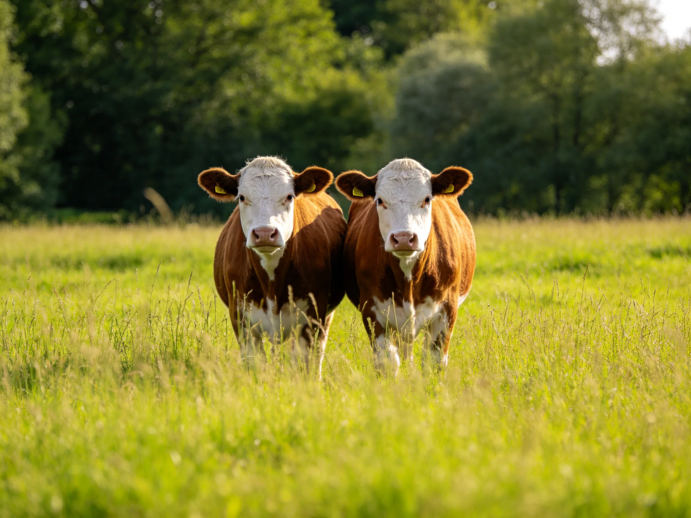 Two brown-and-white cows in a sunlit green pasture with trees