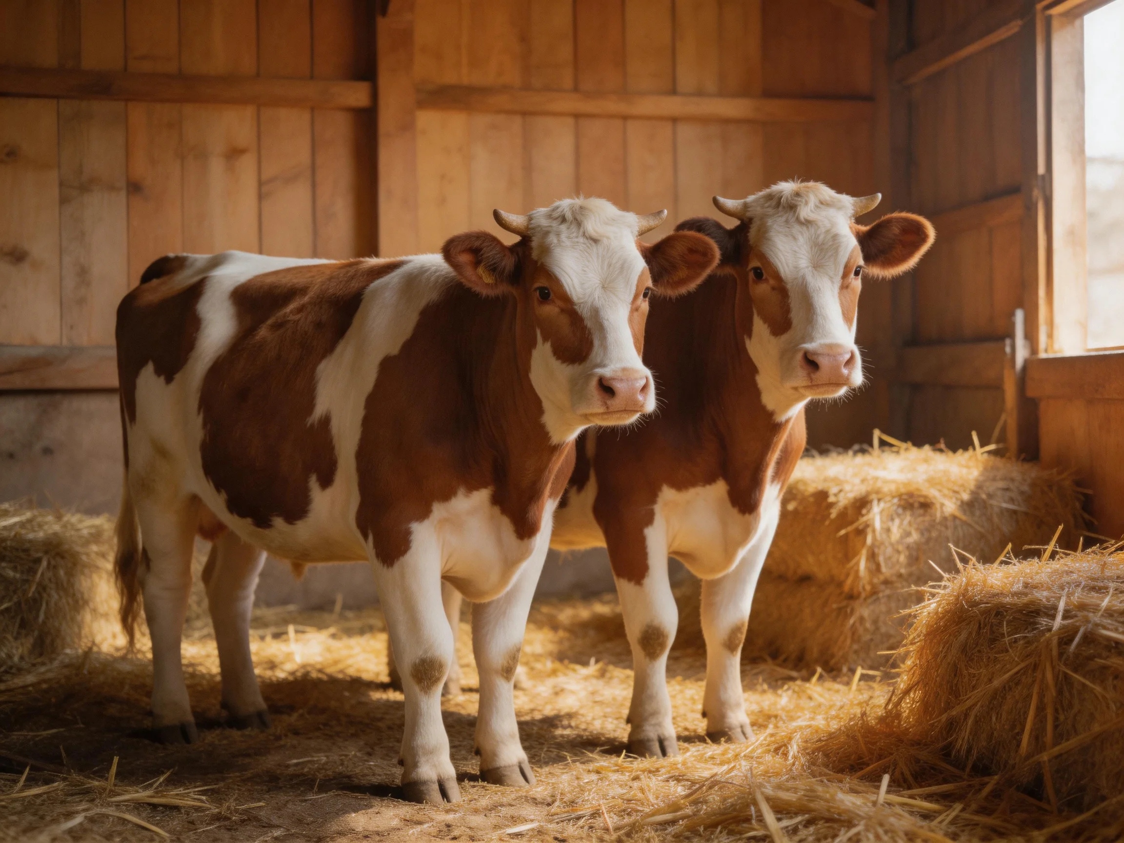 Two brown-and-white cows in a sunlit wooden barn with hay bales