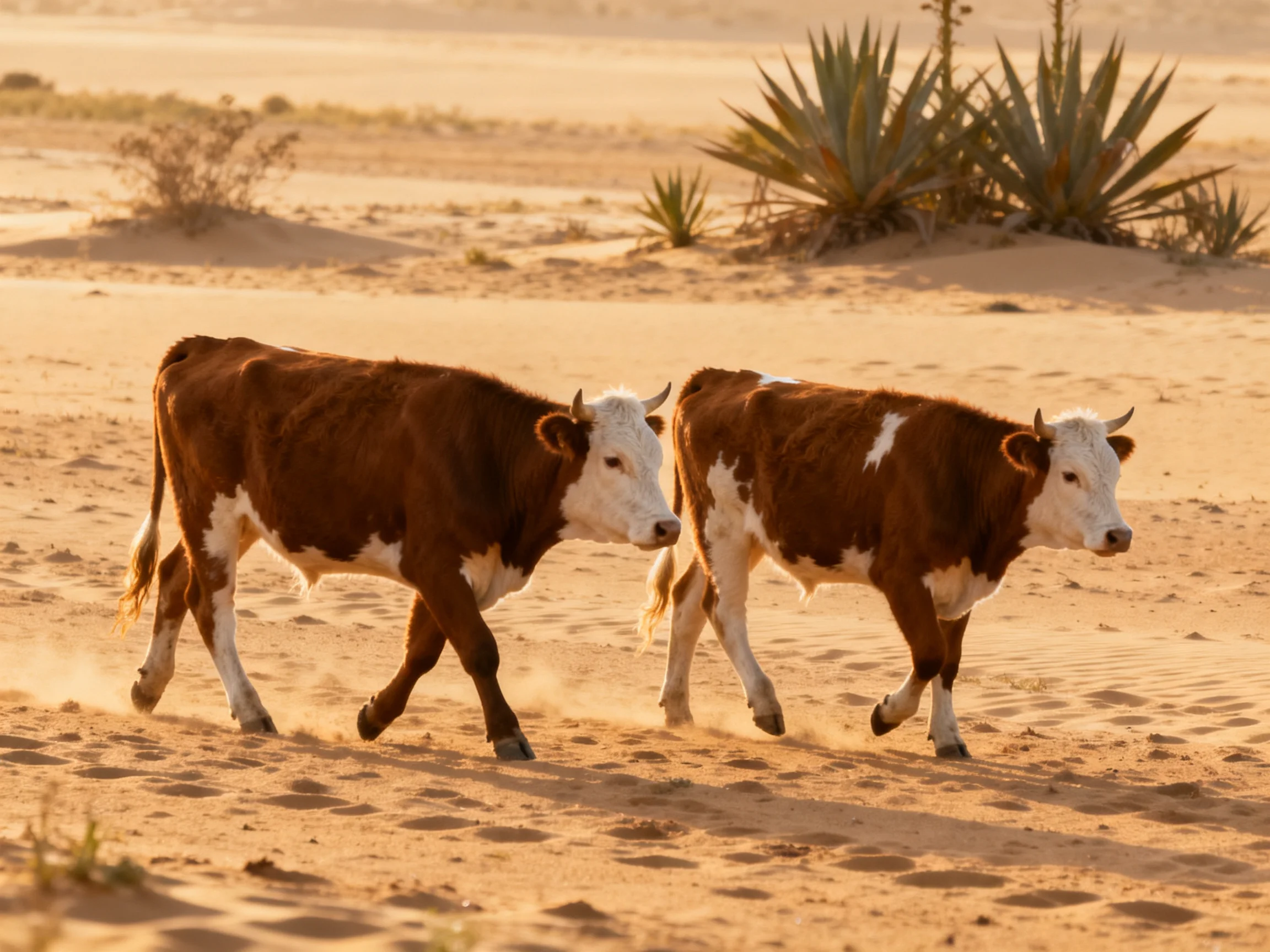 Two brown-and-white cows move through a sun-drenched sandy desert