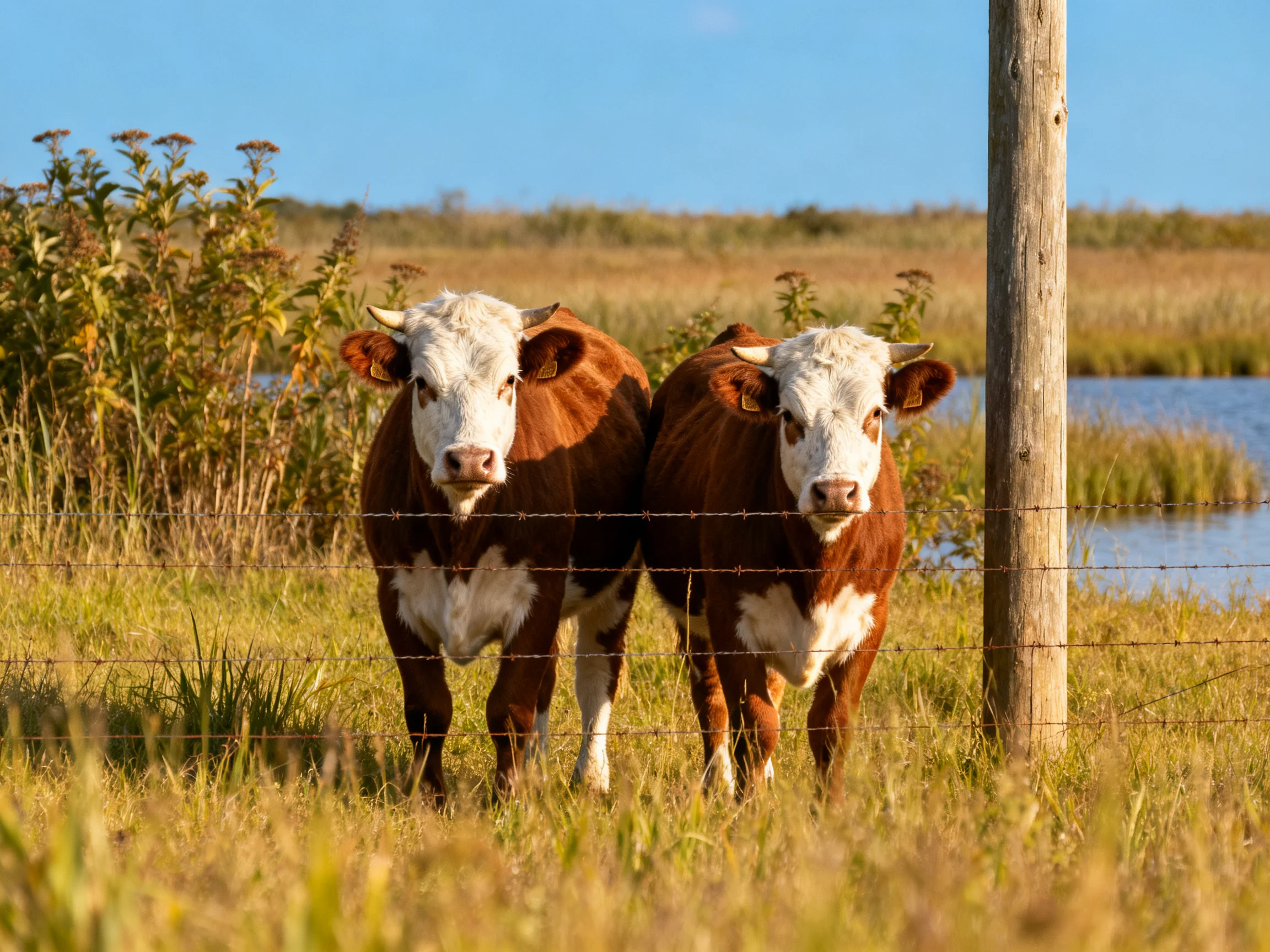 Two brown-and-white cows near a barbed wire fence in a marshy field