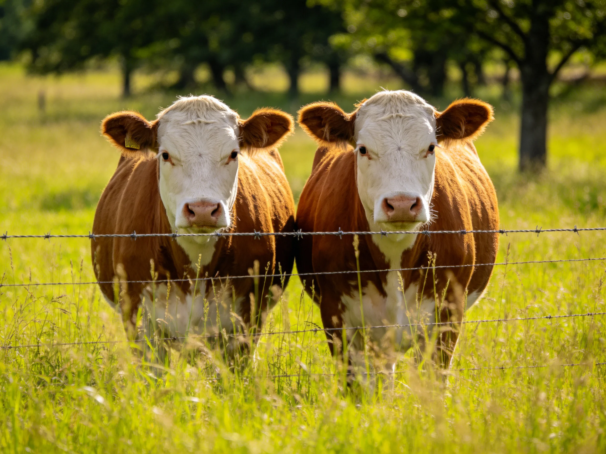 Two brown-and-white cows near a barbed wire fence in a sunlit pasture
