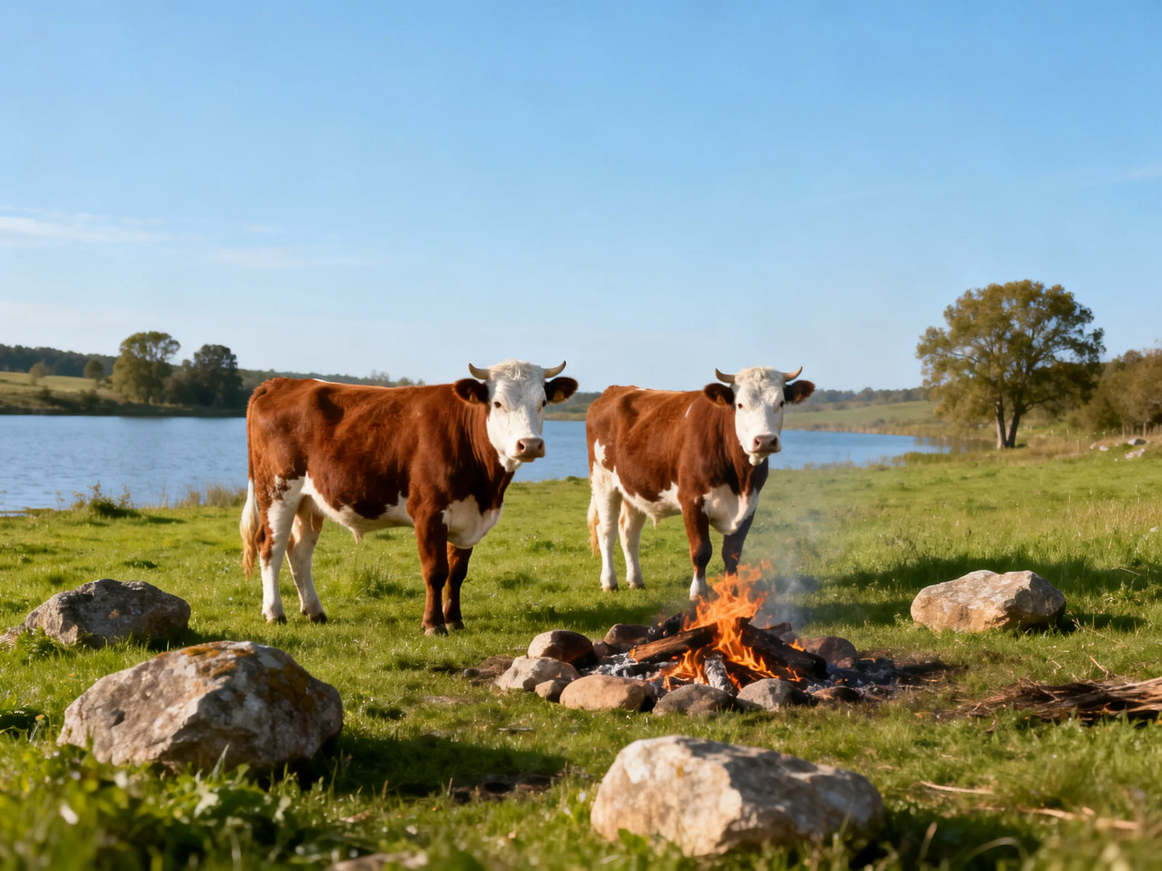 Two brown-and-white cows near a campfire by a calm lake