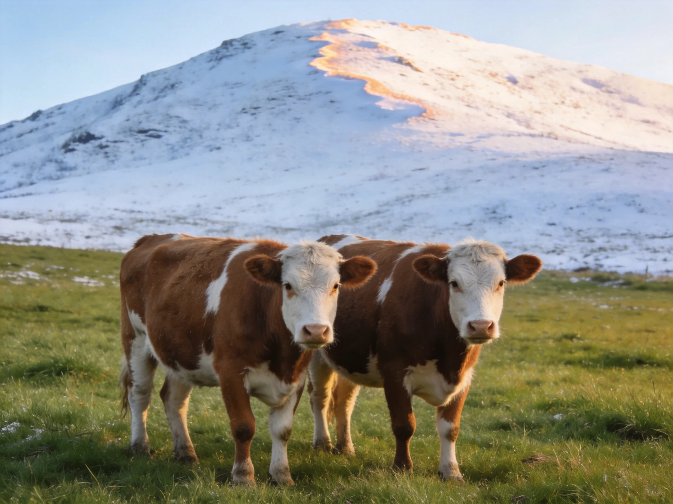 Two brown-and-white cows stand in a green meadow beside a snow-covered hillside.