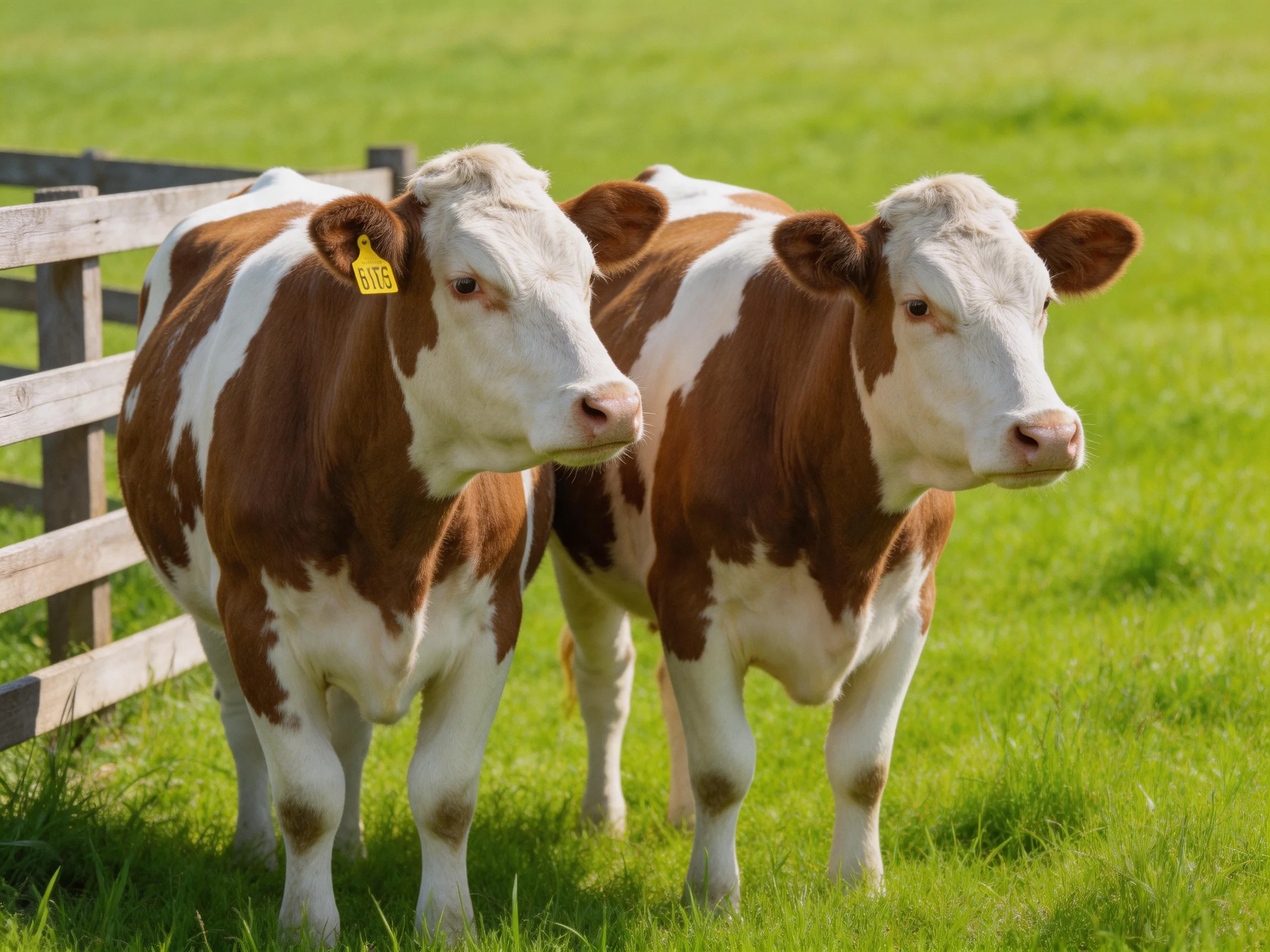 Two brown and white cows near a wooden fence in a lush green pasture