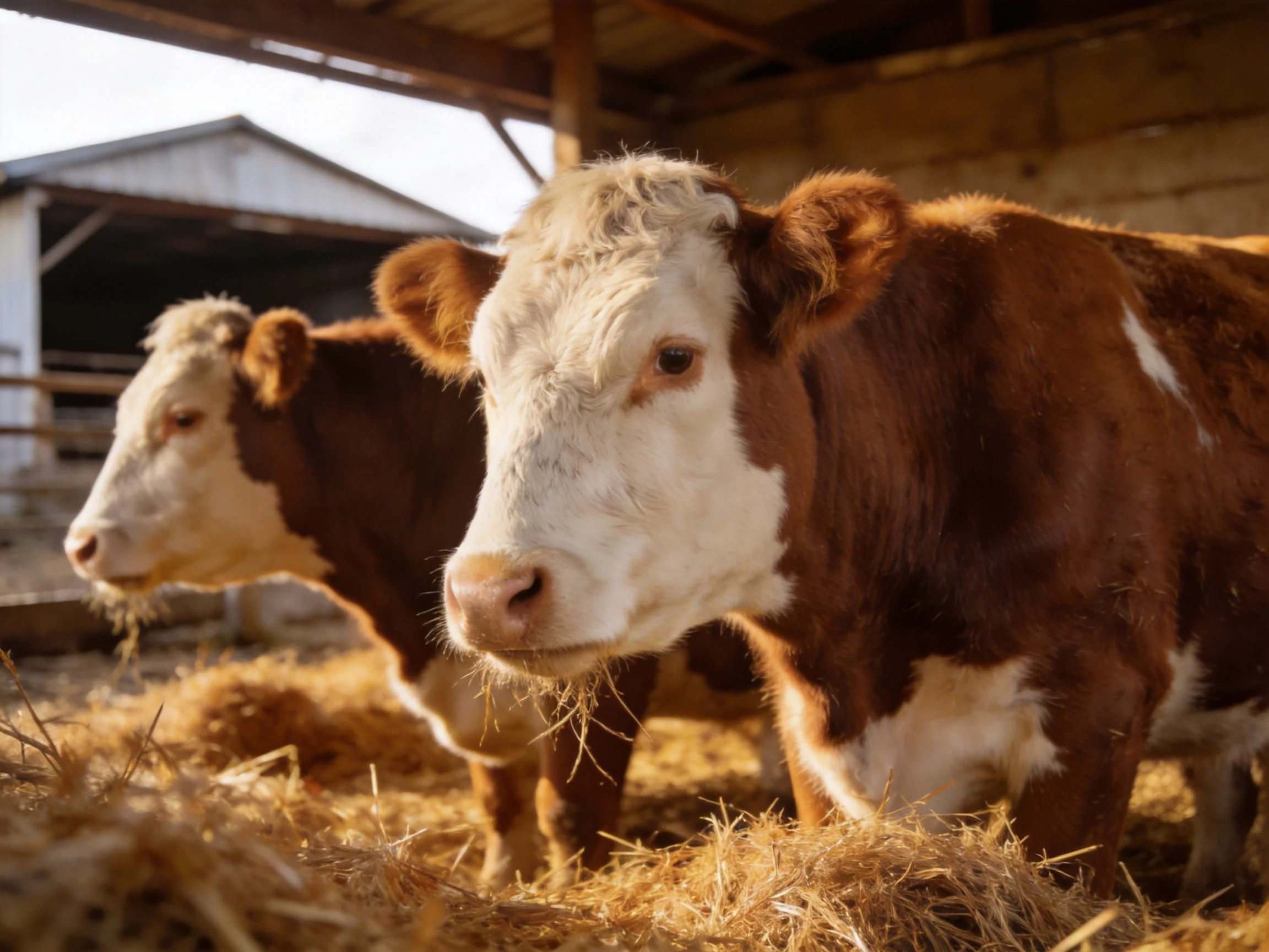 Two brown and white cows stand near golden hay inside a barn.
