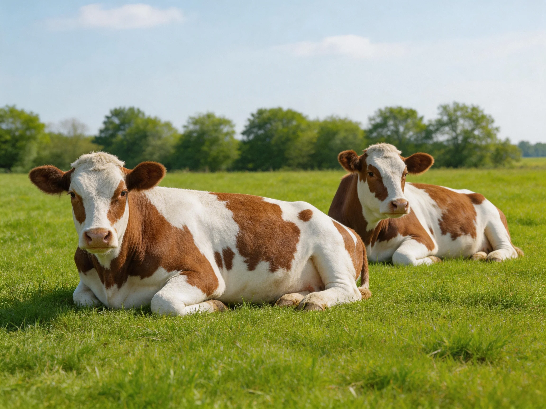 Two brown-and-white cows relax in a sunny green pasture near trees