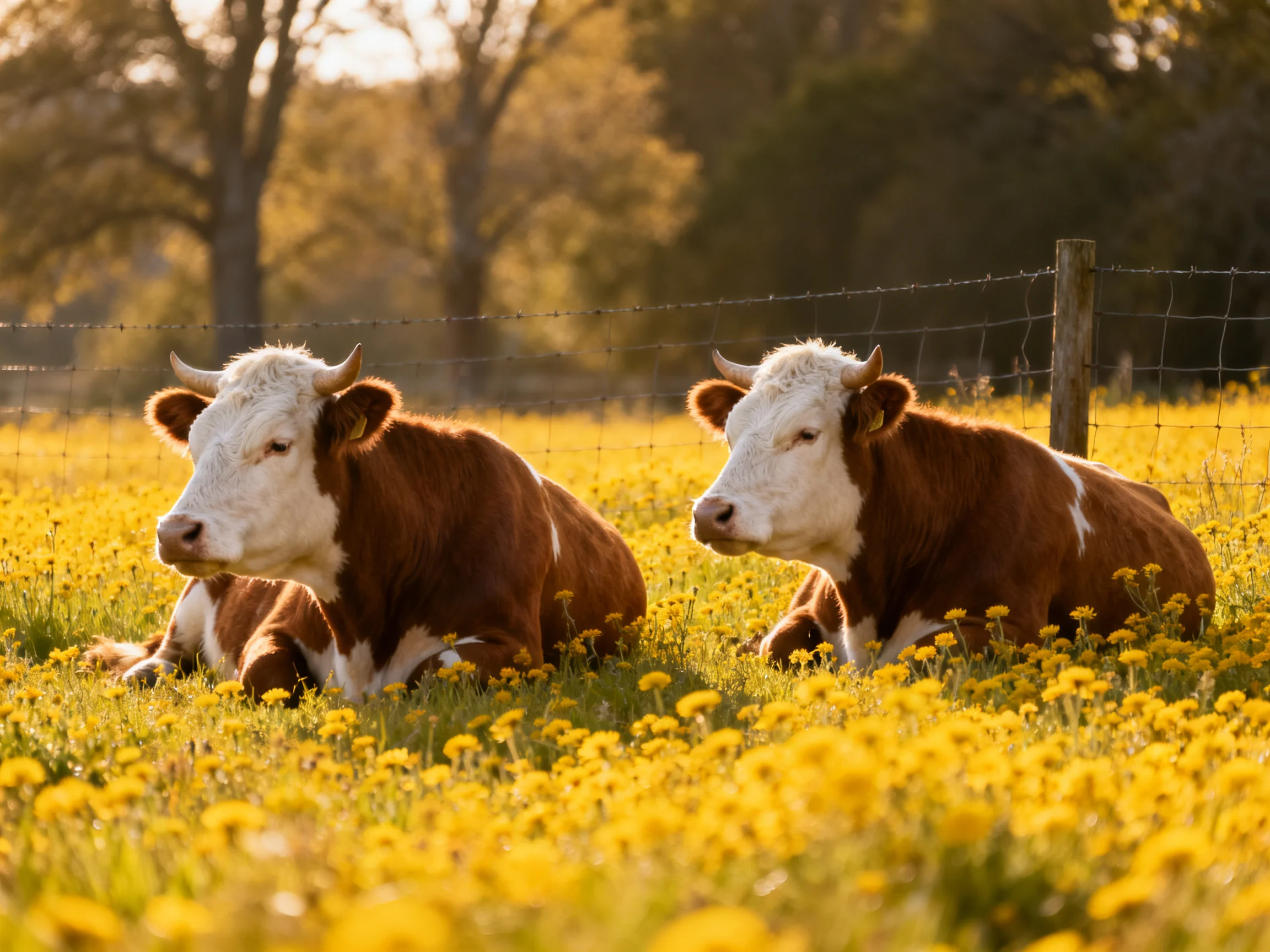 Two brown-and-white cows rest in a golden flower-filled meadow near a fence