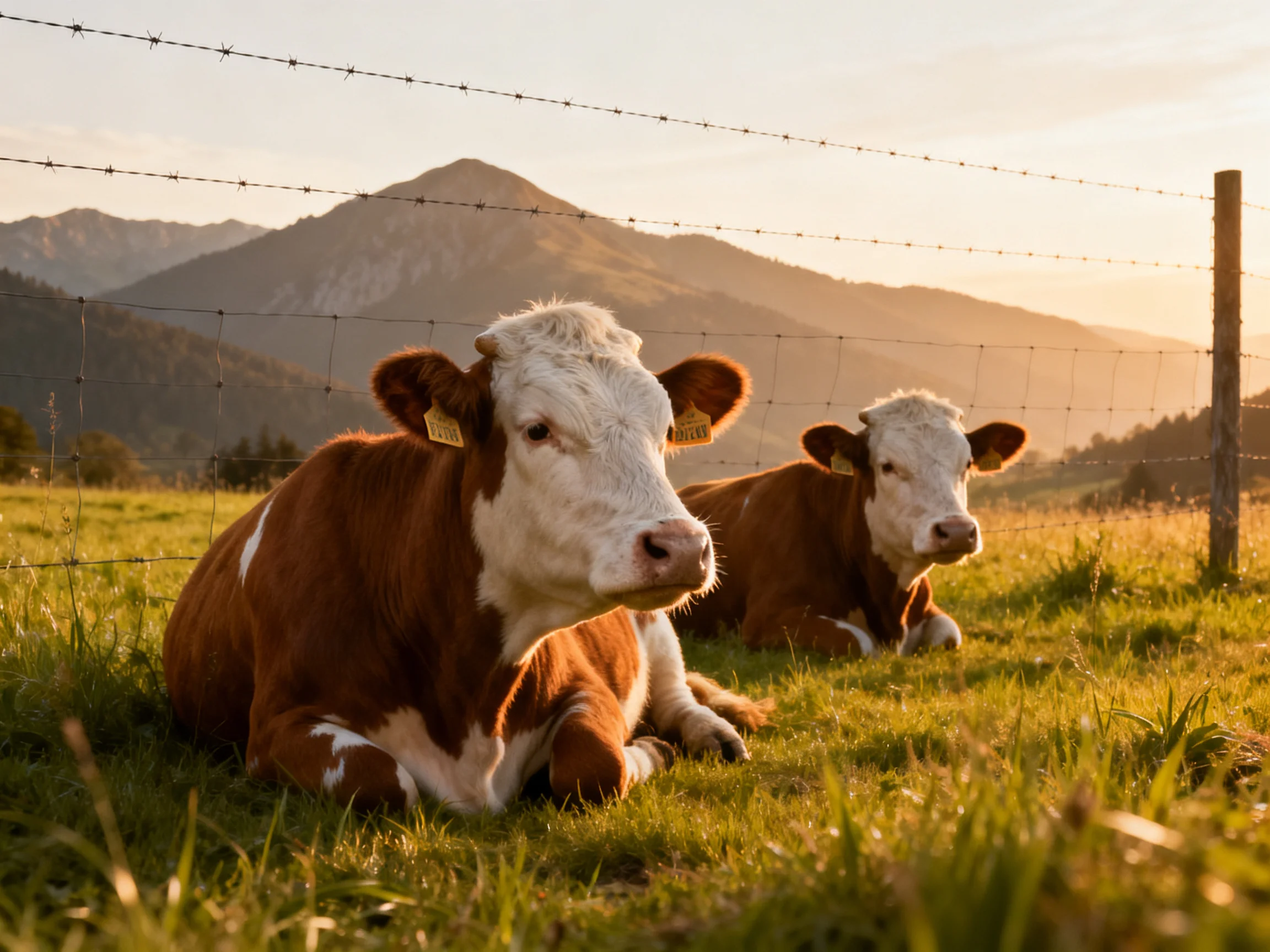 Two brown and white cows rest in a golden pasture near barbed wire fence