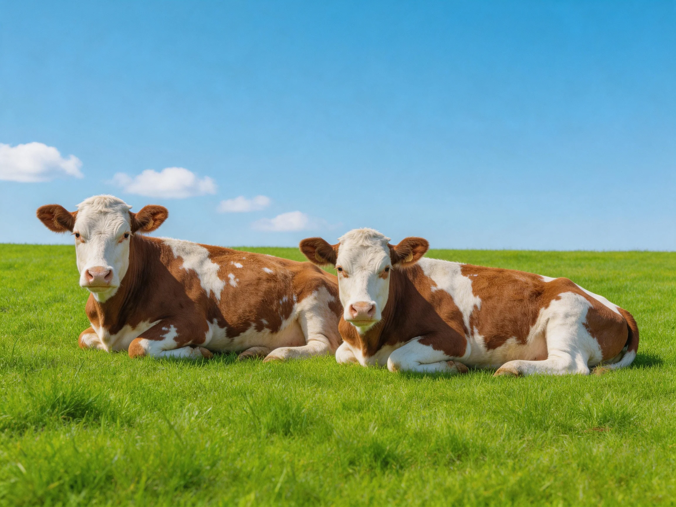 Two brown-and-white cows recline on a verdant meadow under a bright sky.