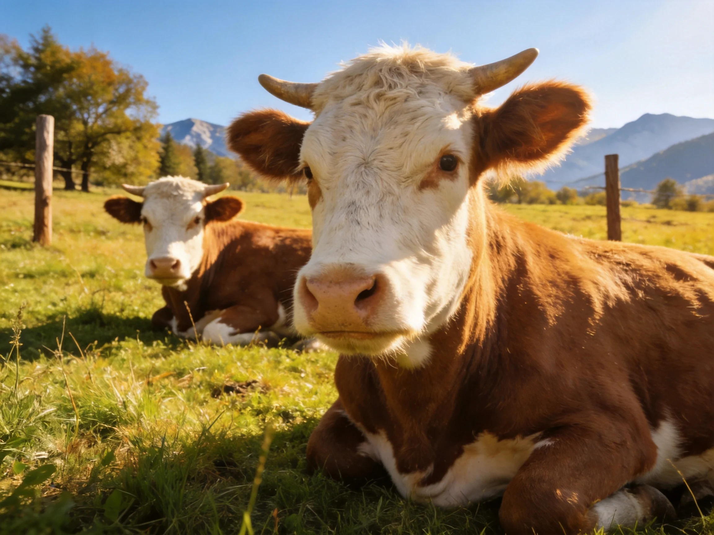 Two brown-and-white cows rest in a sun-drenched green meadow with distant mountains