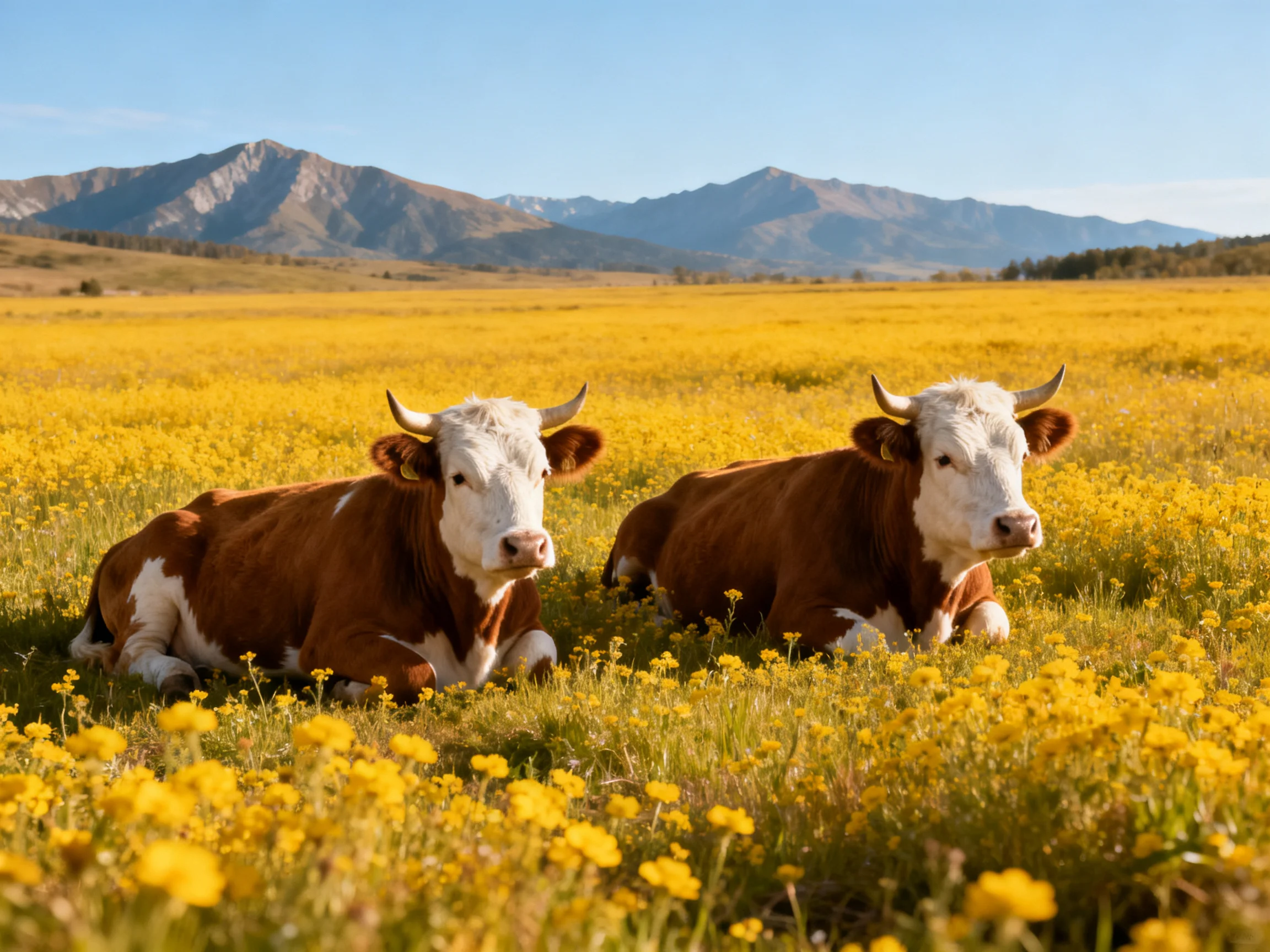 Two brown-and-white cows rest in a vast yellow flower field near mountains