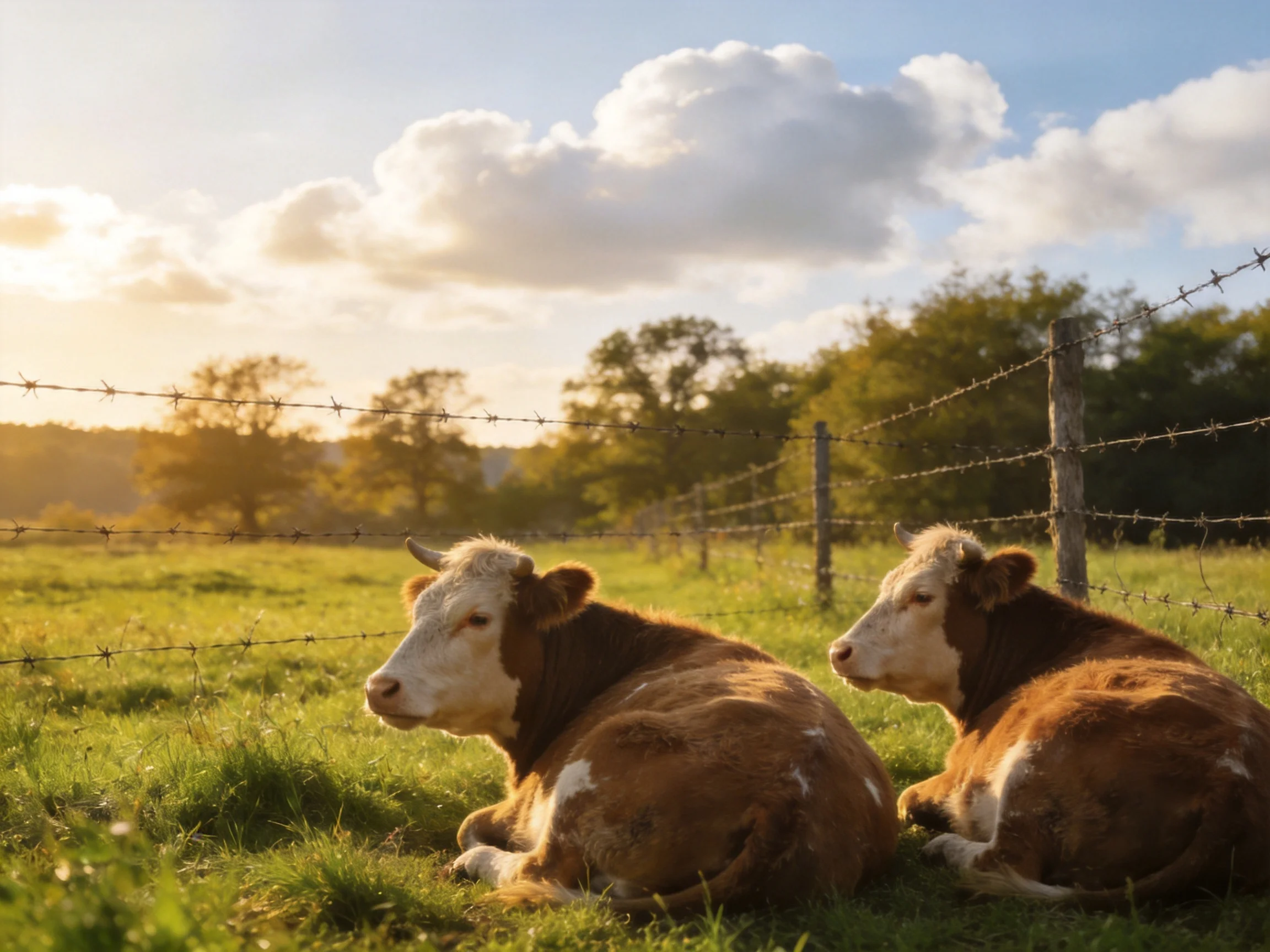 Two brown-and-white cows rest near a barbed-wire fence in a sunlit meadow