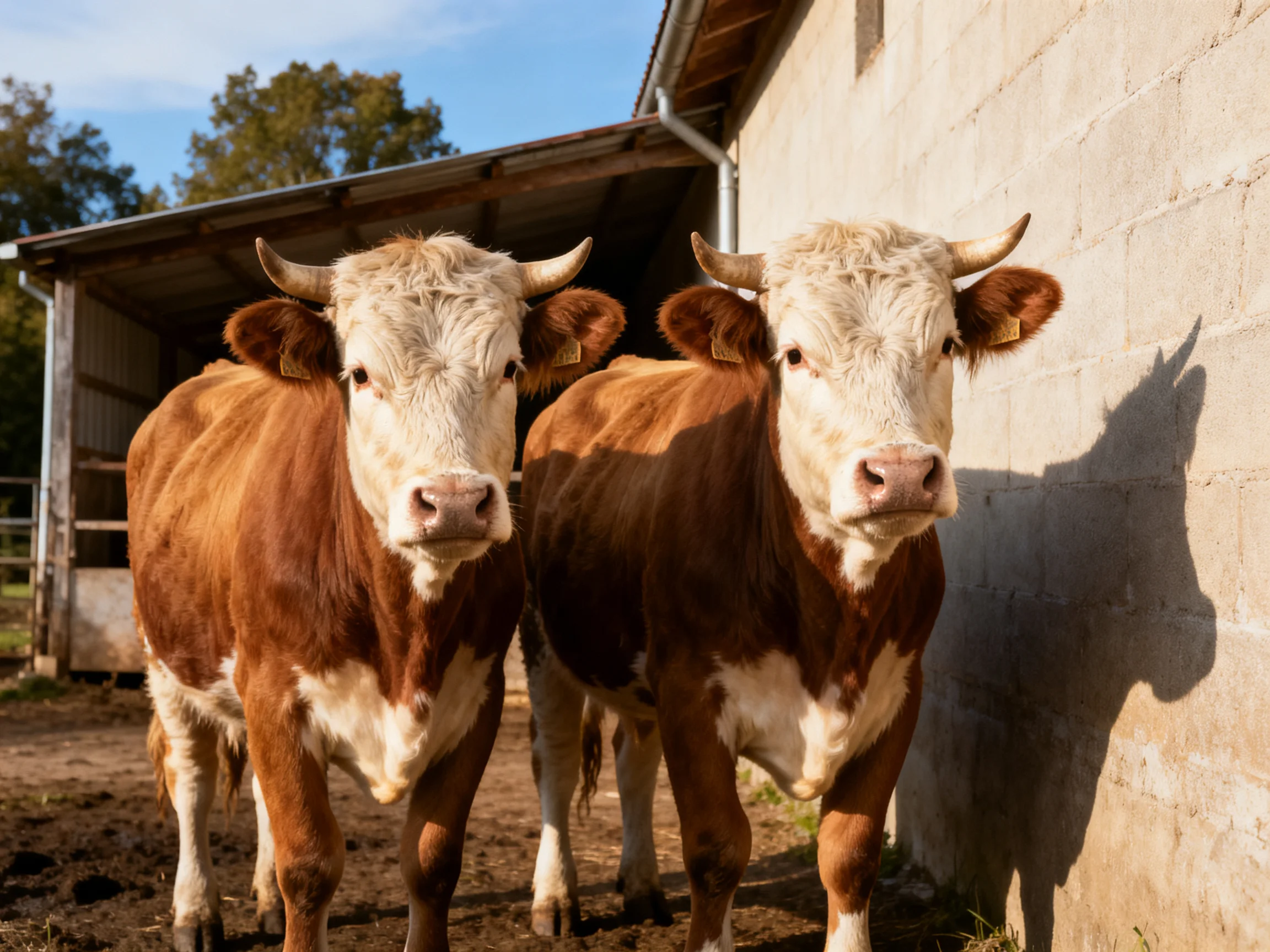 Two brown and white cows stand beside a concrete block wall under bright sunlight