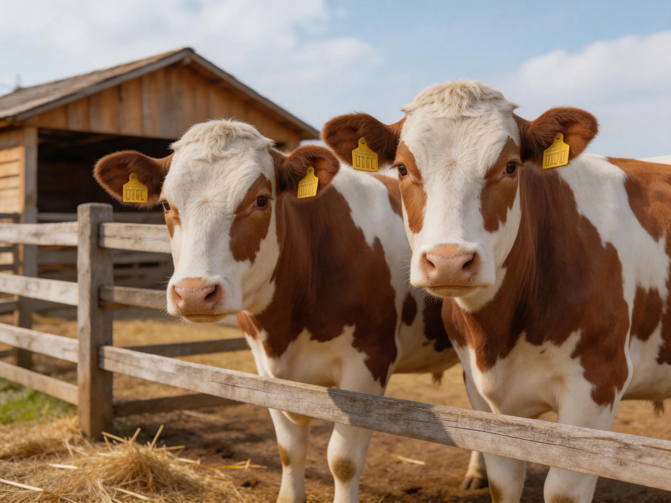 Two brown and white cows stand by a wooden fence near a barn