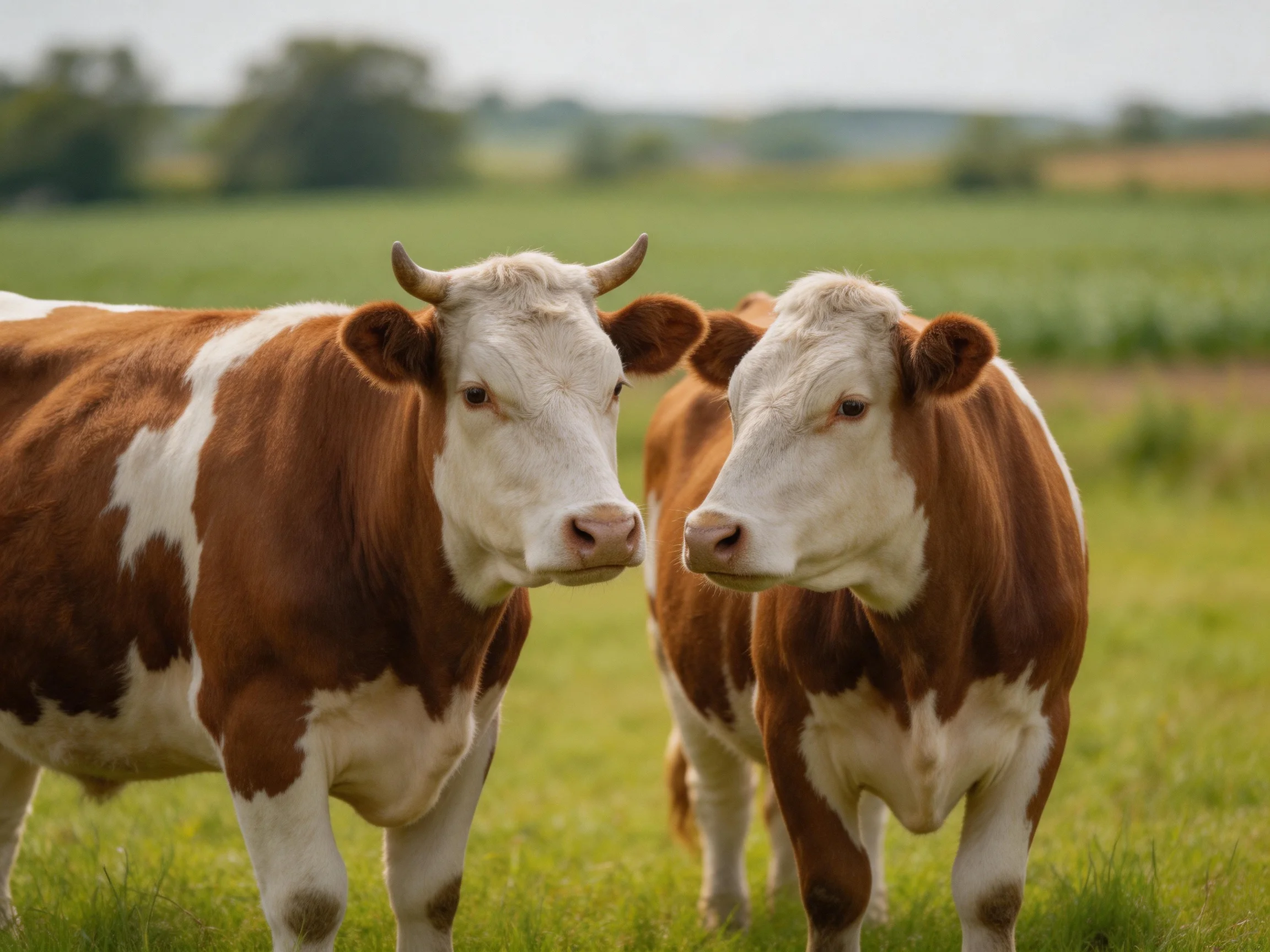 Two brown and white cows stand close together in a green pasture