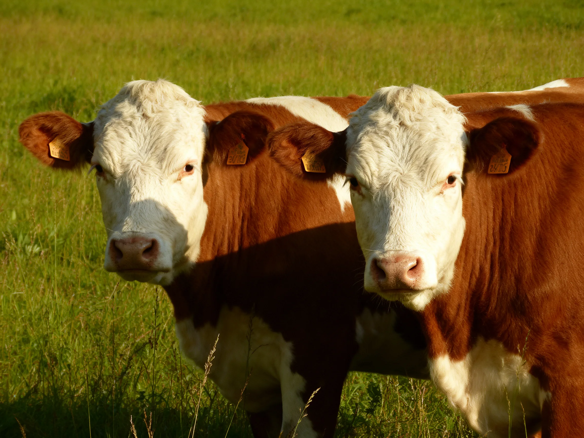 Two brown and white cows stand close together in a lush green pasture