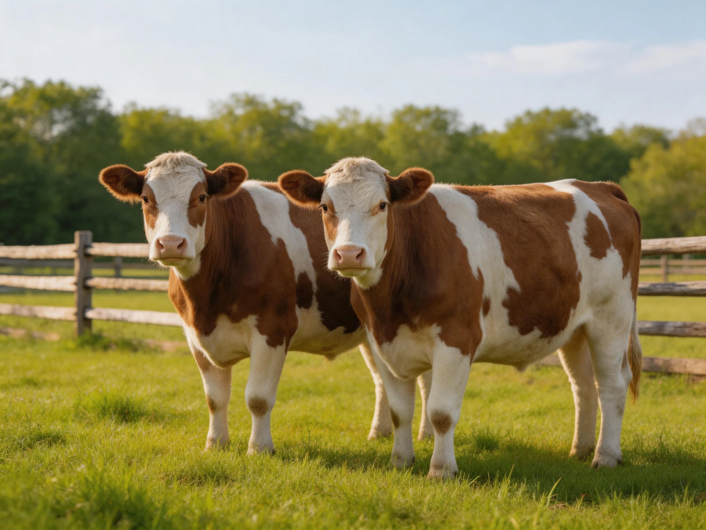 Two brown and white cows stand together in a sunny pasture.