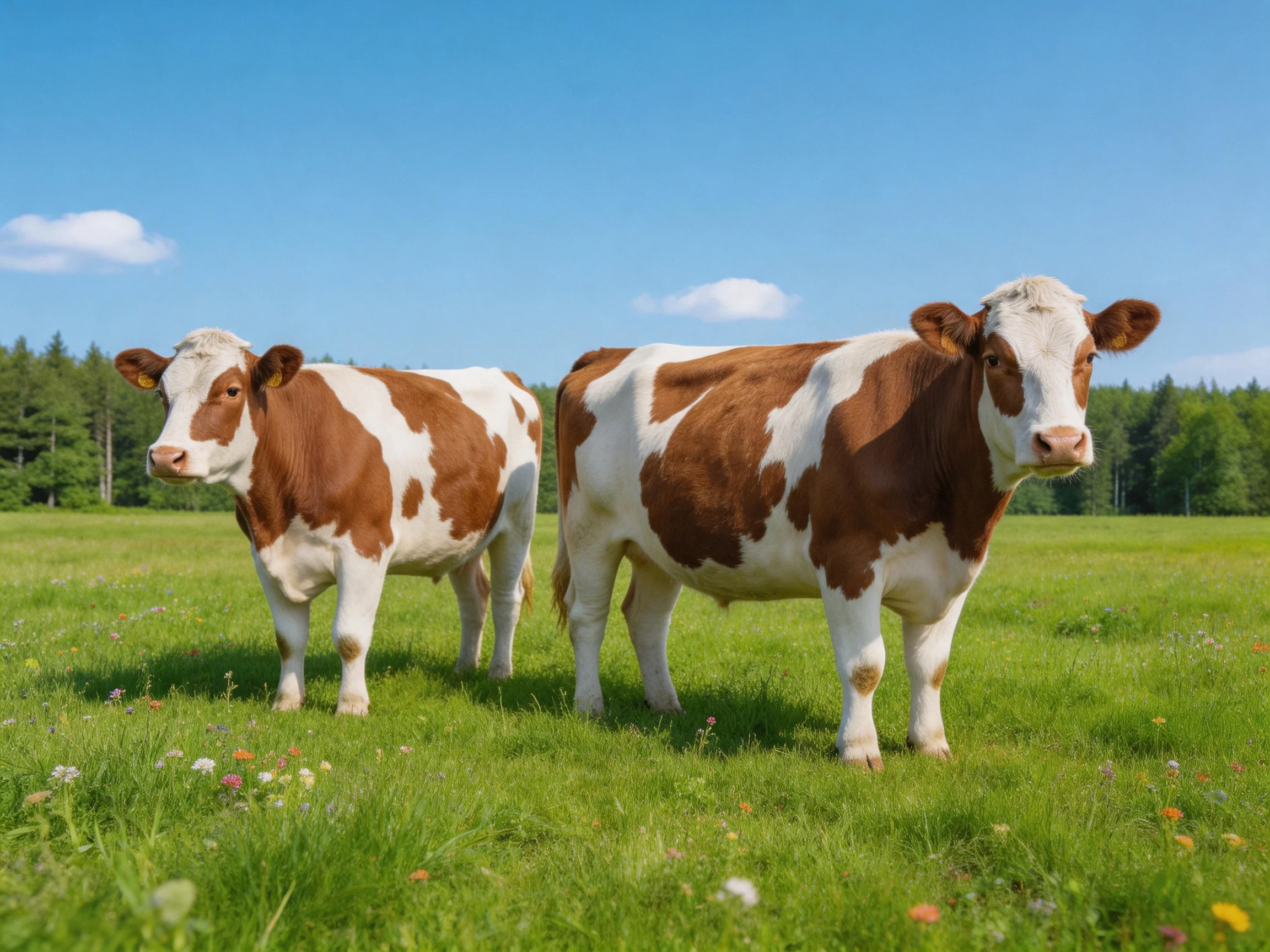 Two brown and white cows stand in a lush green meadow under a clear blue sky