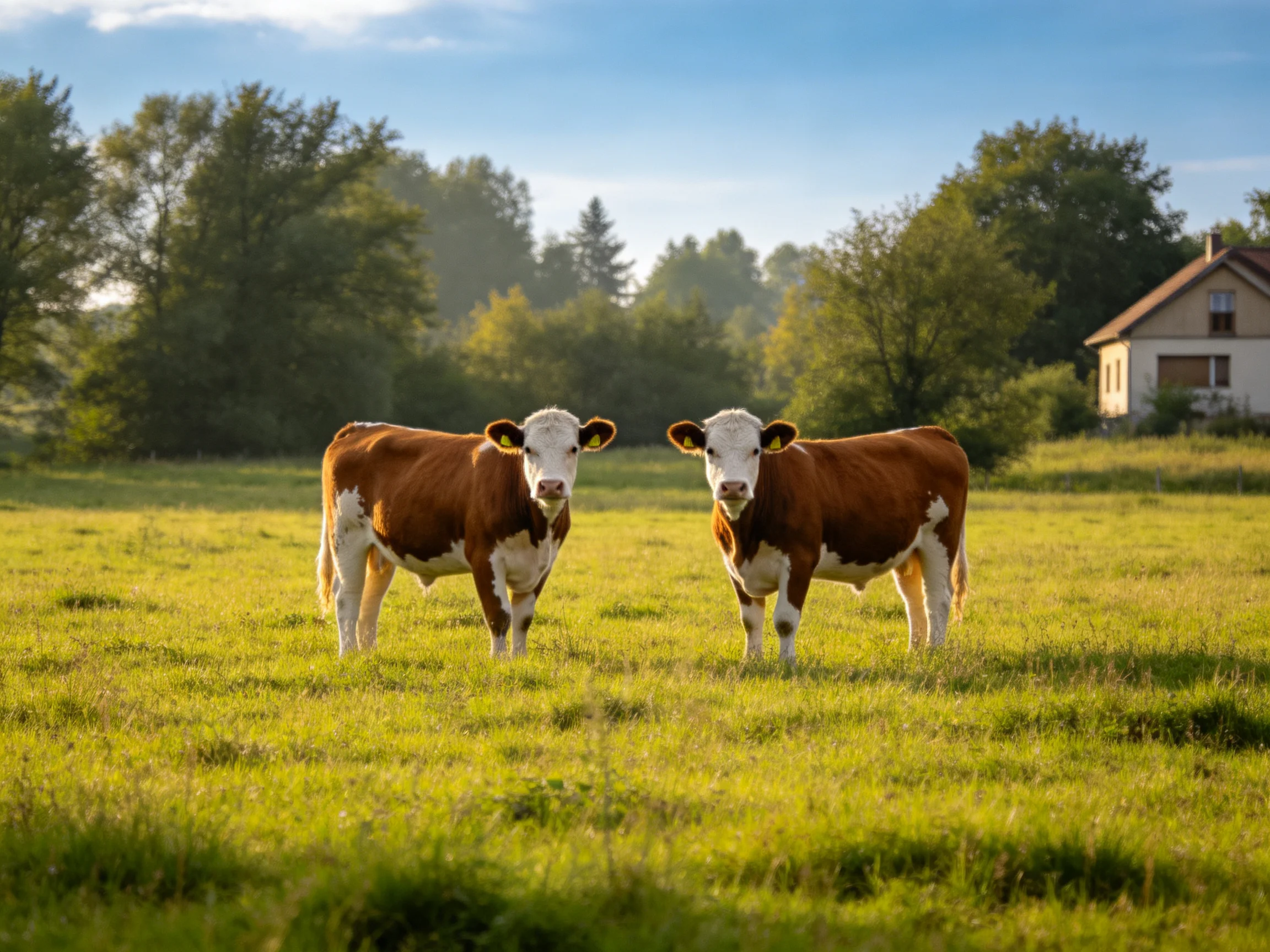Two brown-and-white cows stand in a lush green pasture near a house