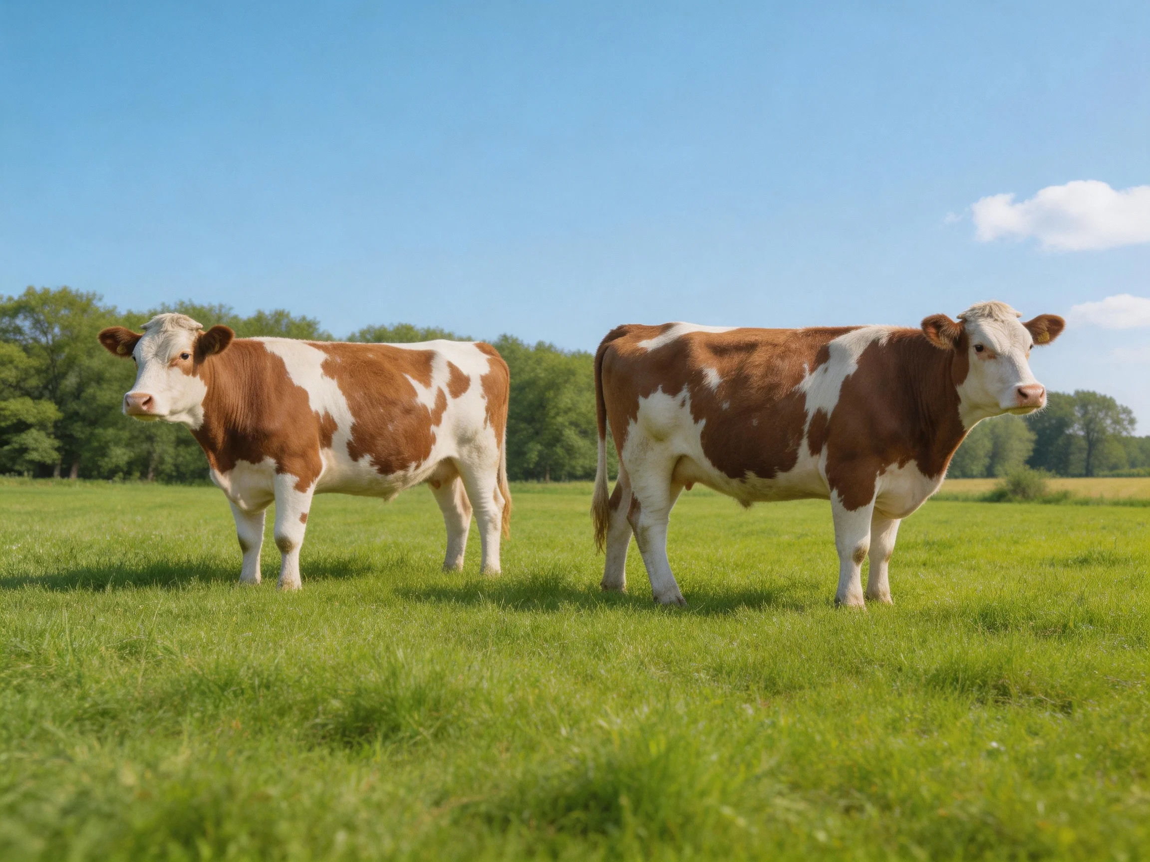 Two brown and white cows stand in a lush green pasture under a bright blue sky