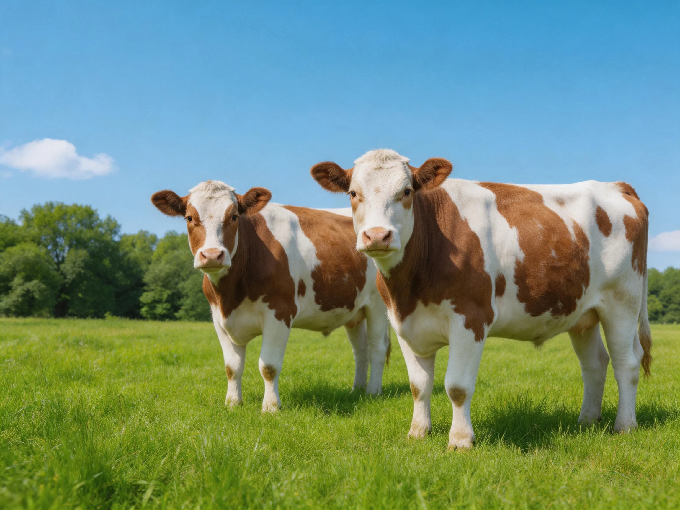 Two brown-and-white cows stand in a lush green pasture under a clear blue sky