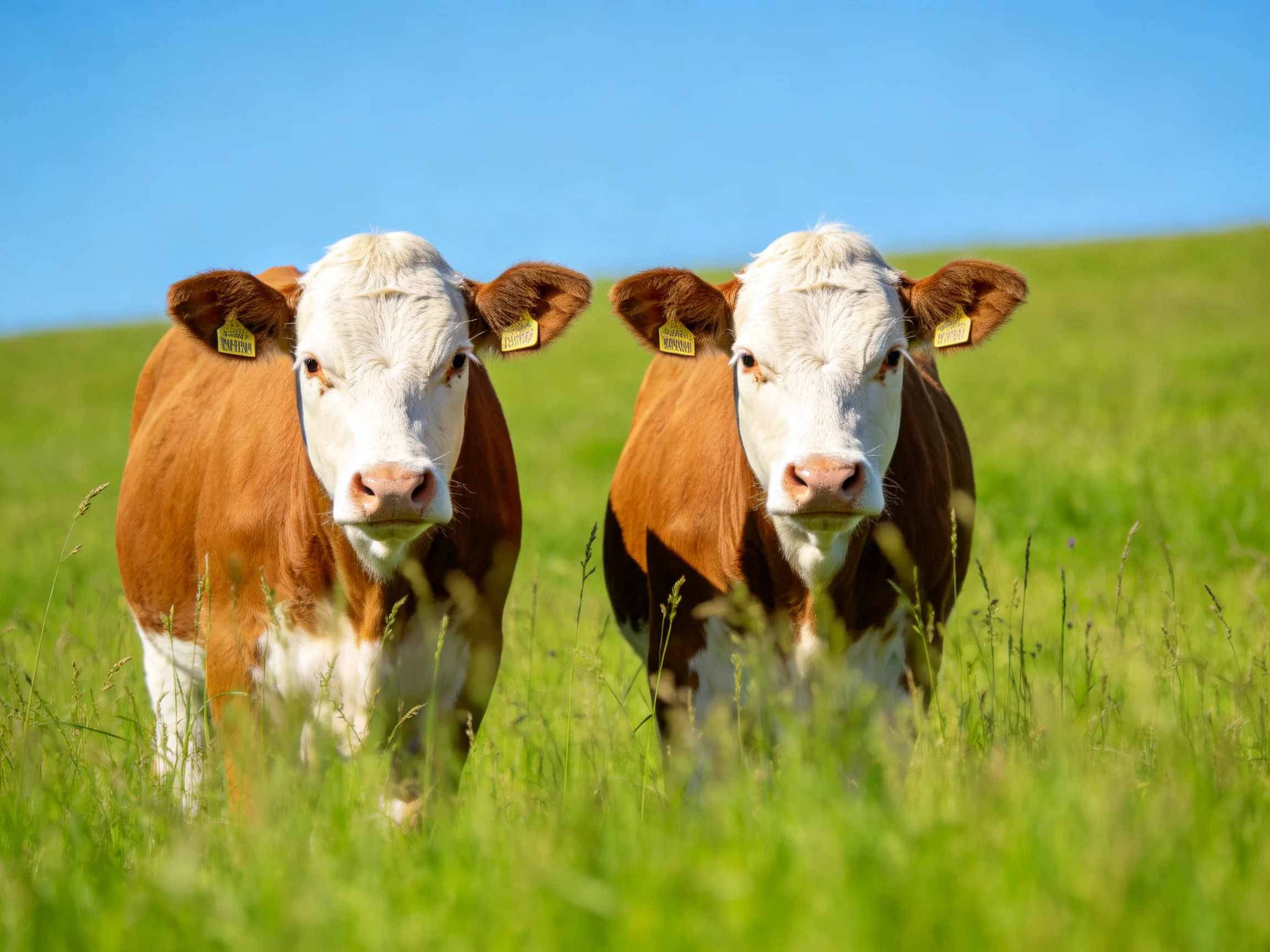 Two brown and white cows stand in a lush green pasture under a clear blue sky