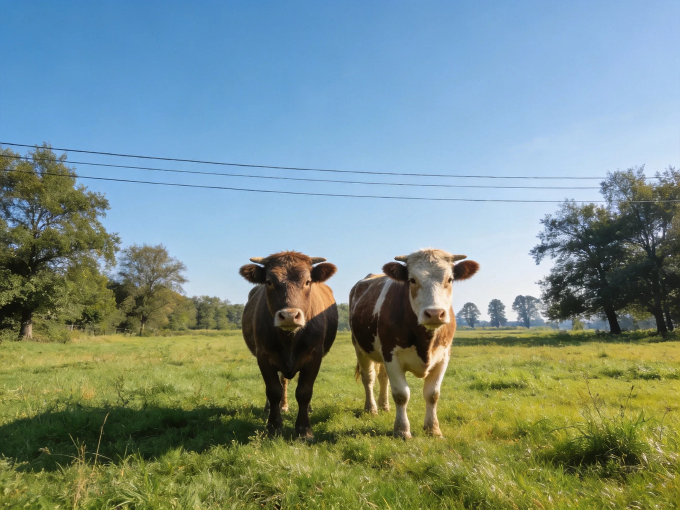 Two brown and white cows stand in a lush green pasture under a clear blue sky