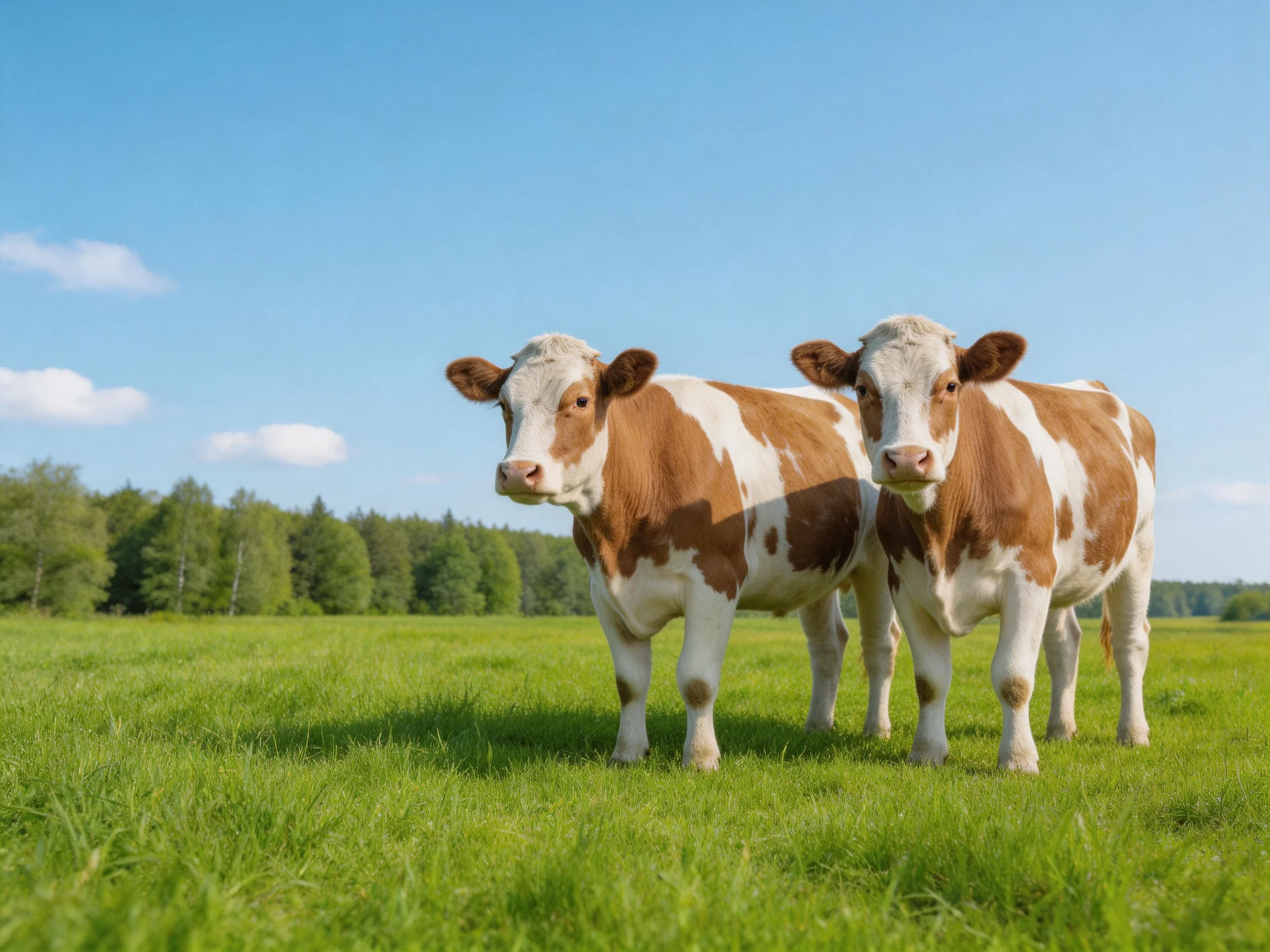 Two brown-and-white cows stand in a lush green pasture under clear blue sky